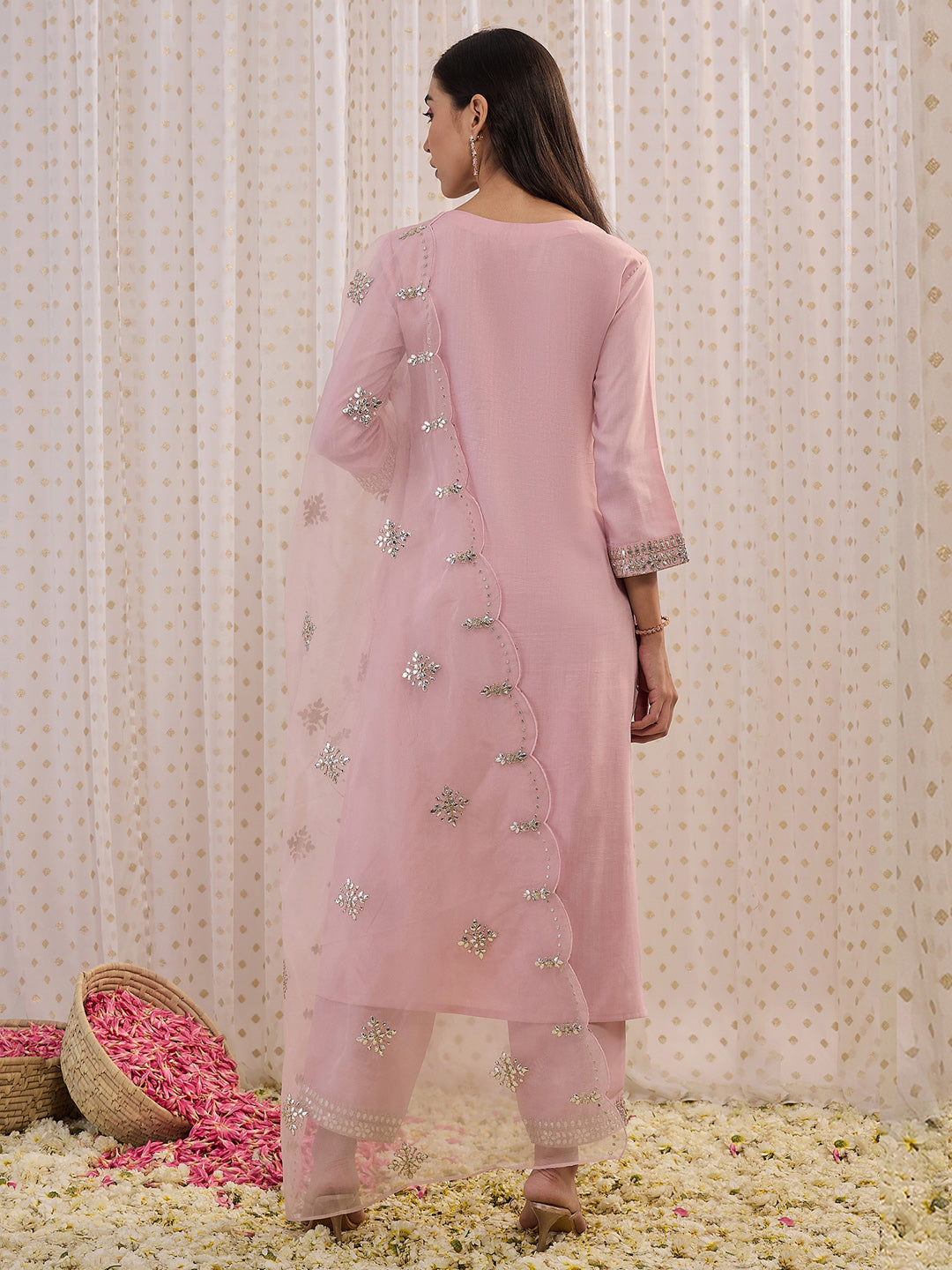 Indo Era Pink Embroidered Straight Kurta Trousers With Dupatta set