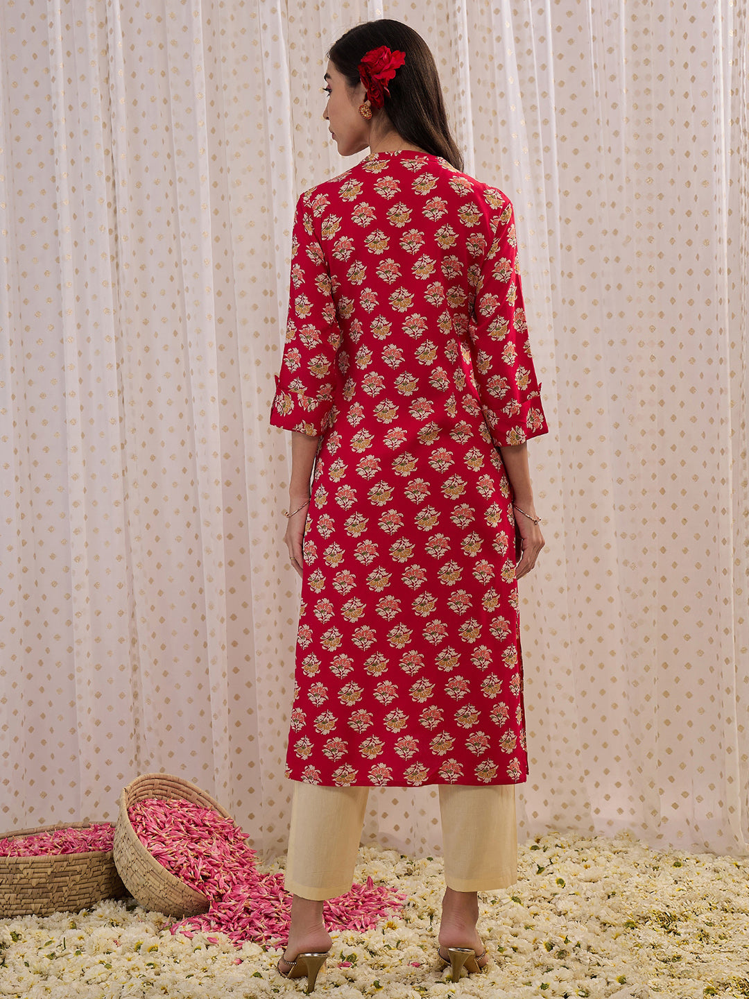 Indo Era Pink Printed Straight Kurta