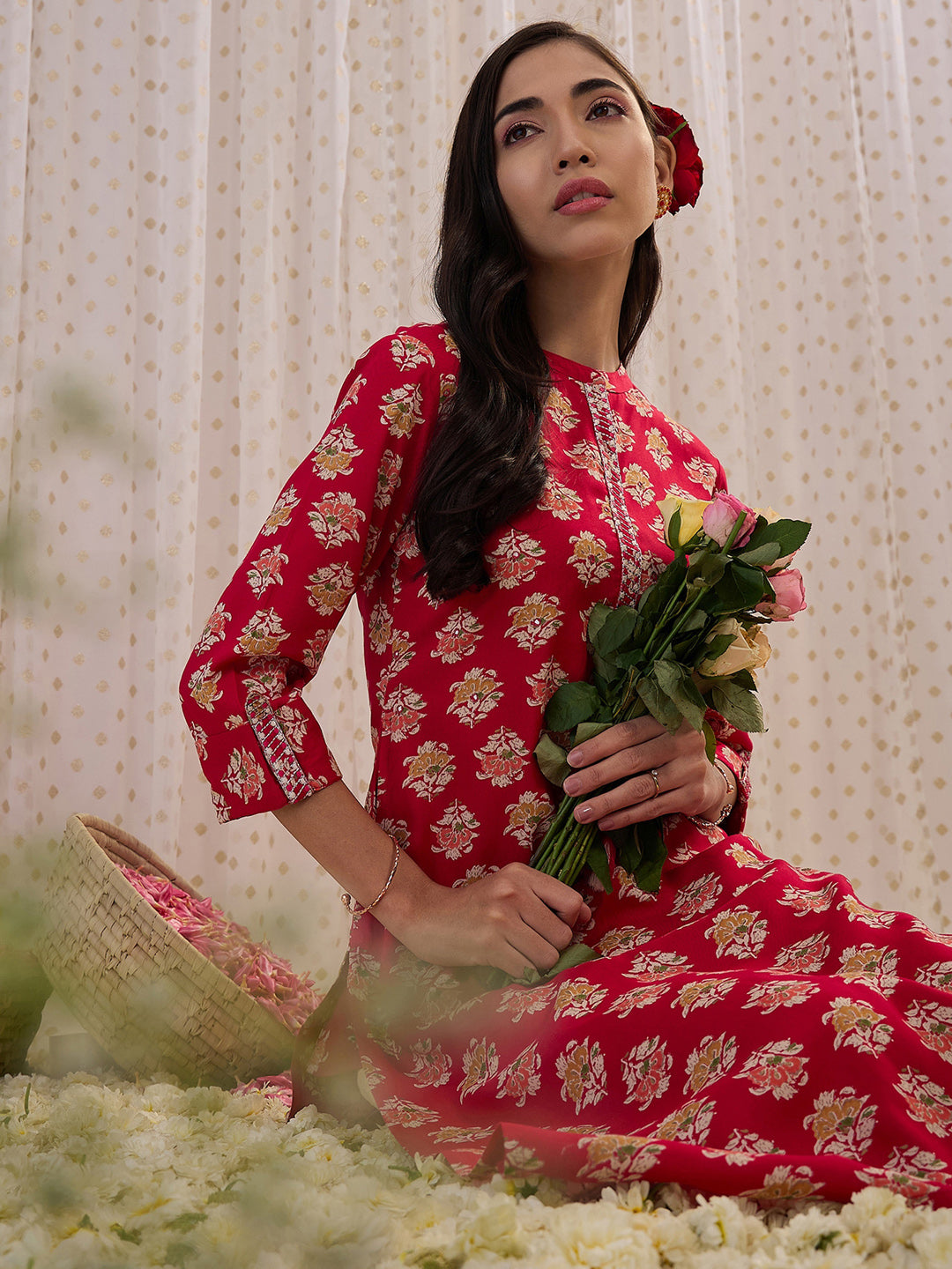 Indo Era Pink Printed Straight Kurta