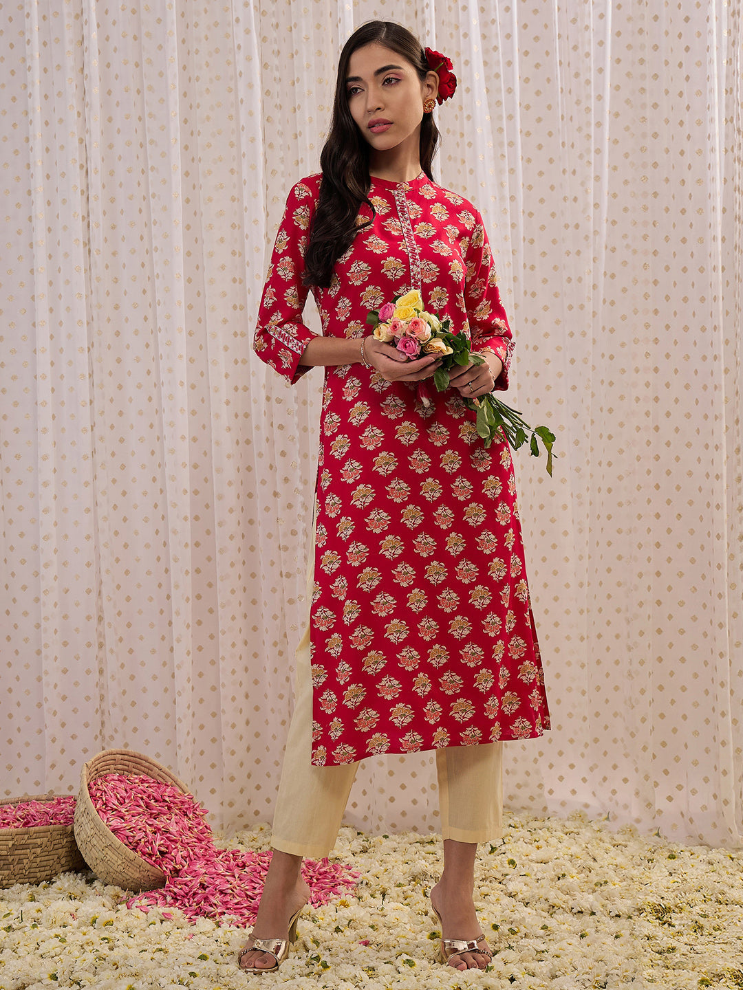 Indo Era Pink Printed Straight Kurta