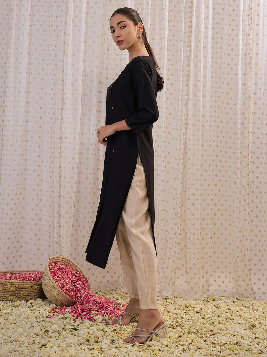 Indo Era Black Solid Straight Kurta