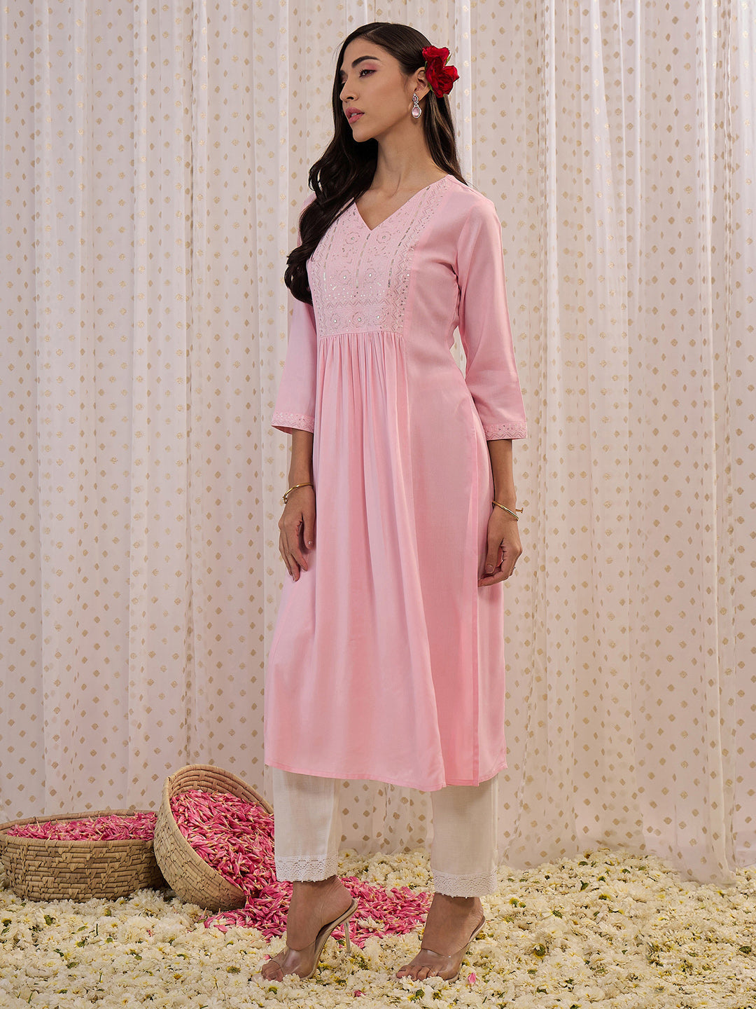 Indo Era Pink Embroidered A-Line Kurta