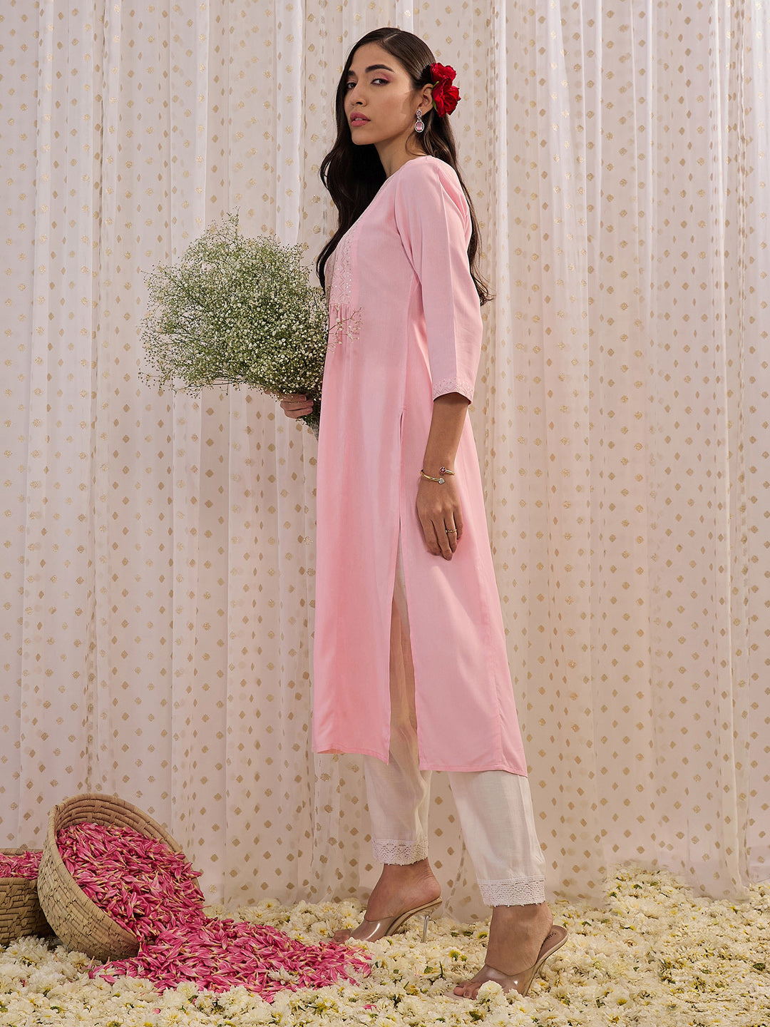 Indo Era Pink Embroidered A-Line Kurta