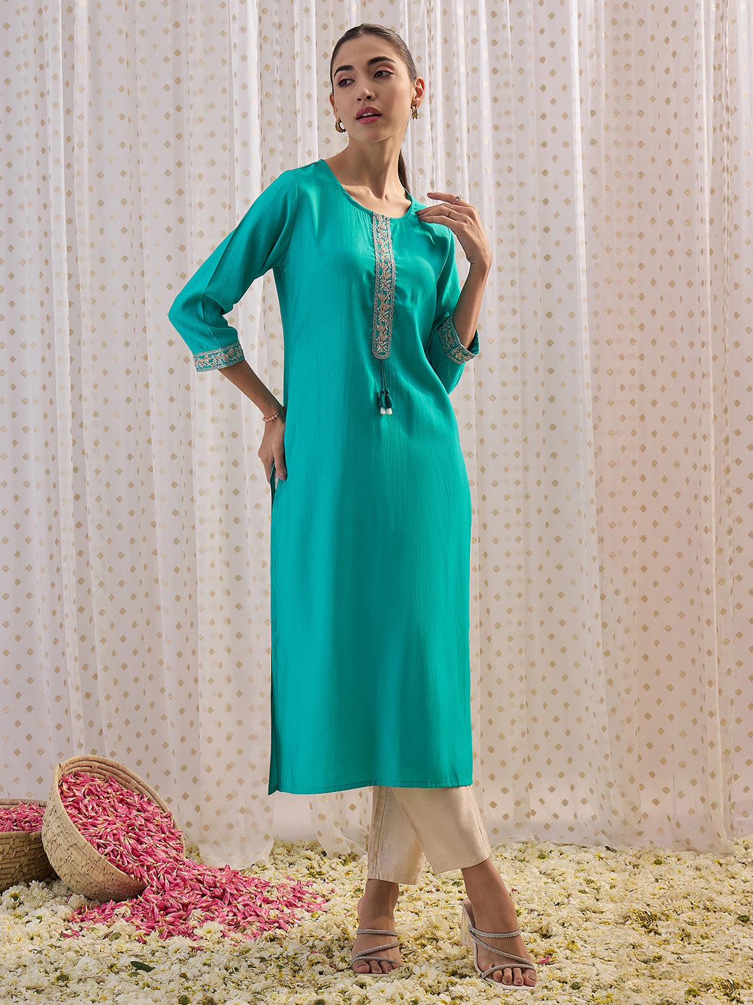 Indo Era Blue Embroidered Straight Kurta