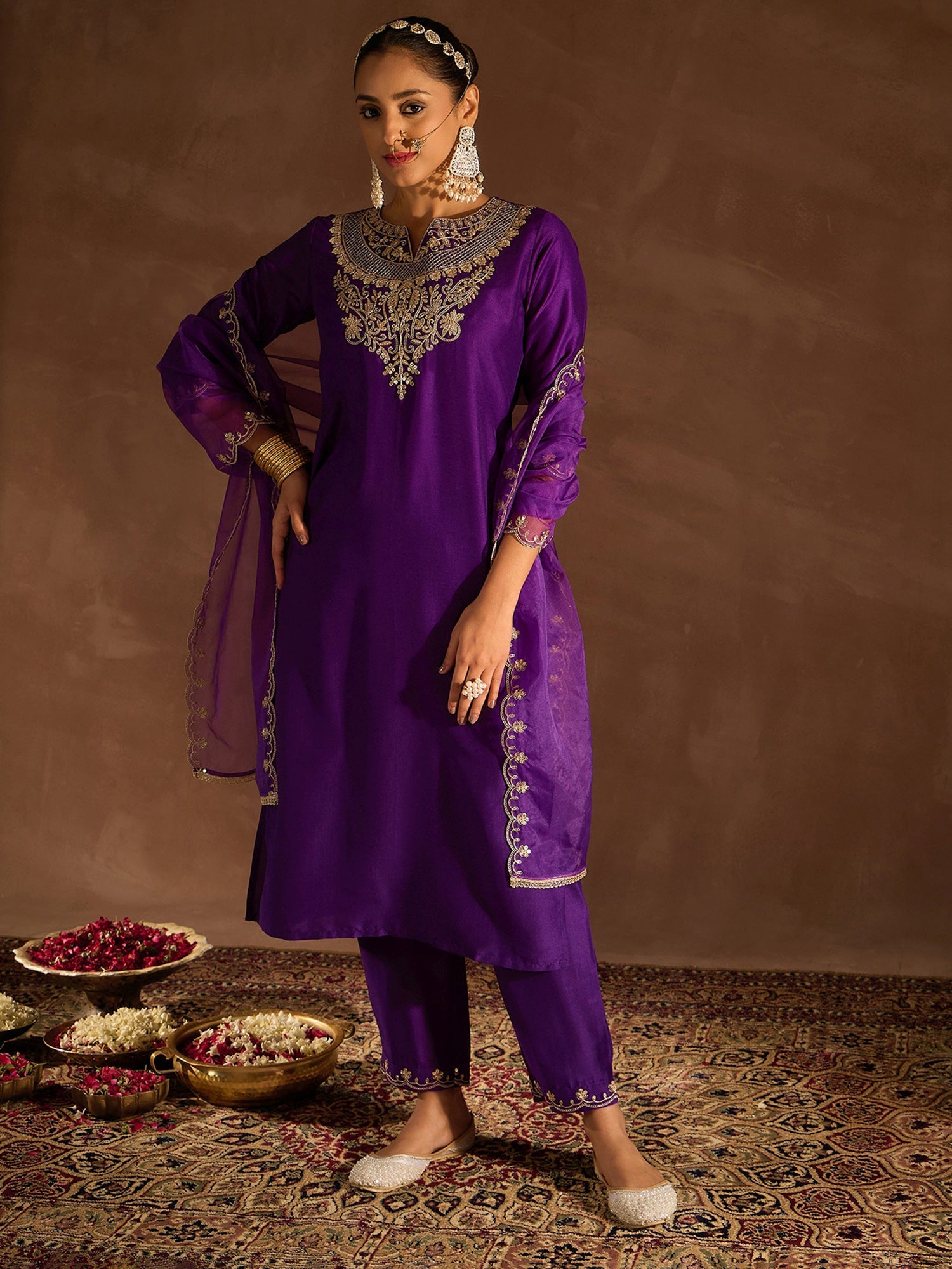 Indo Era Purple Embroidered Straight Kurta Trousers With Dupatta set