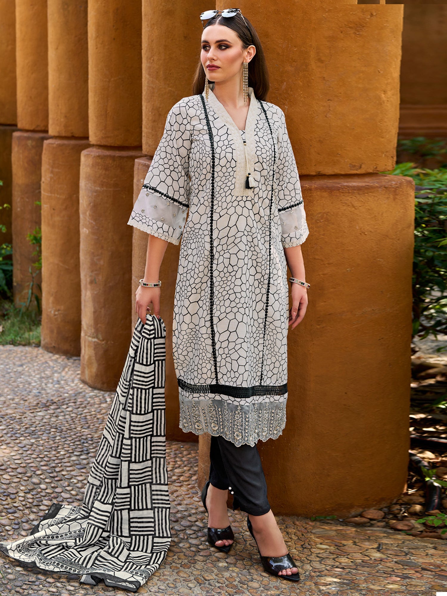 Indo Era Off White Printed Straight Kurta Trousers With Dupatta set