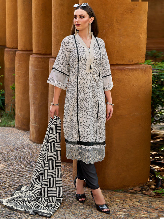 Indo Era Off White Printed Straight Kurta Trousers With Dupatta set
