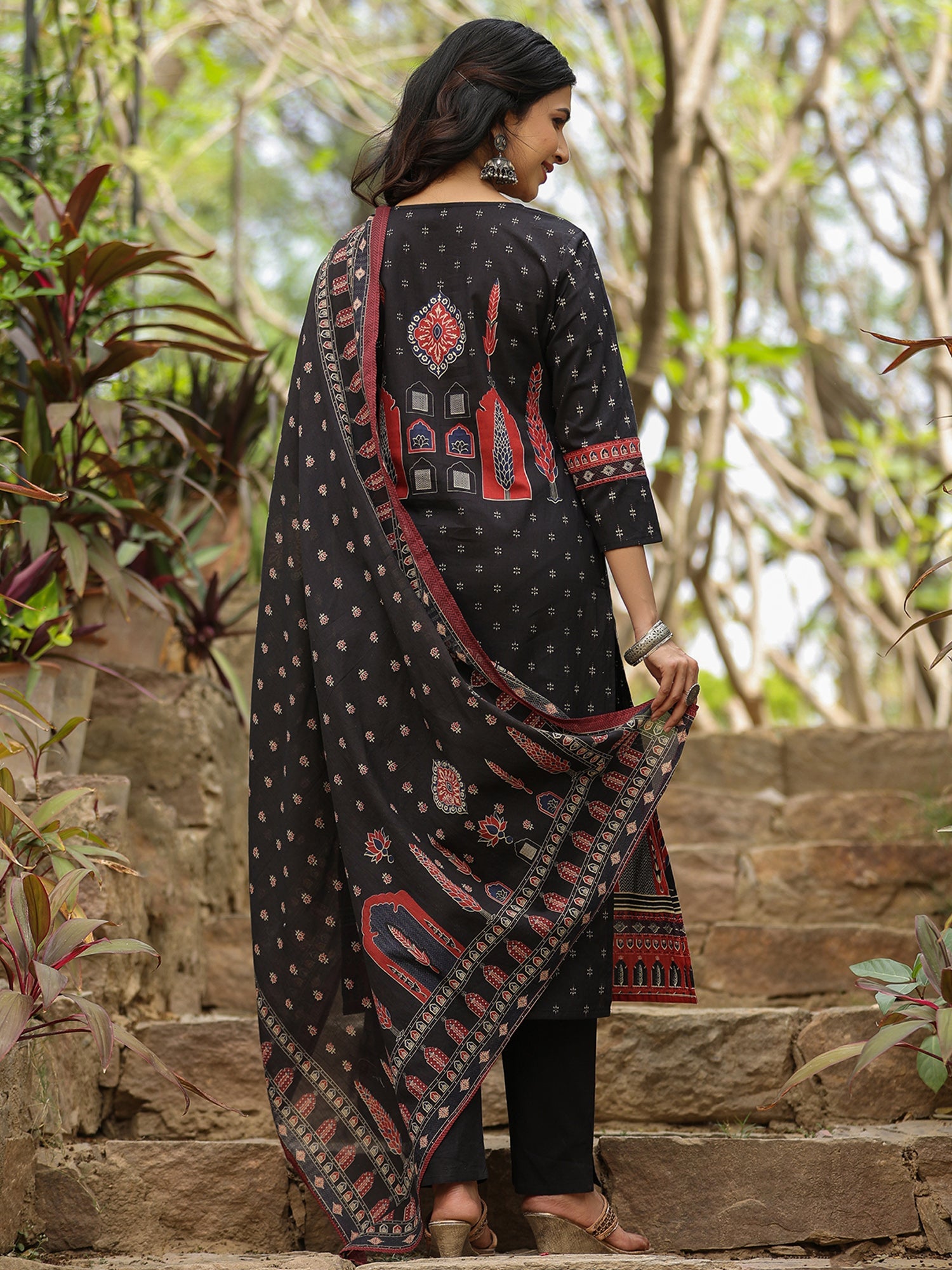 Indo Era Black Printed Straight Kurta Trousers With Dupatta set