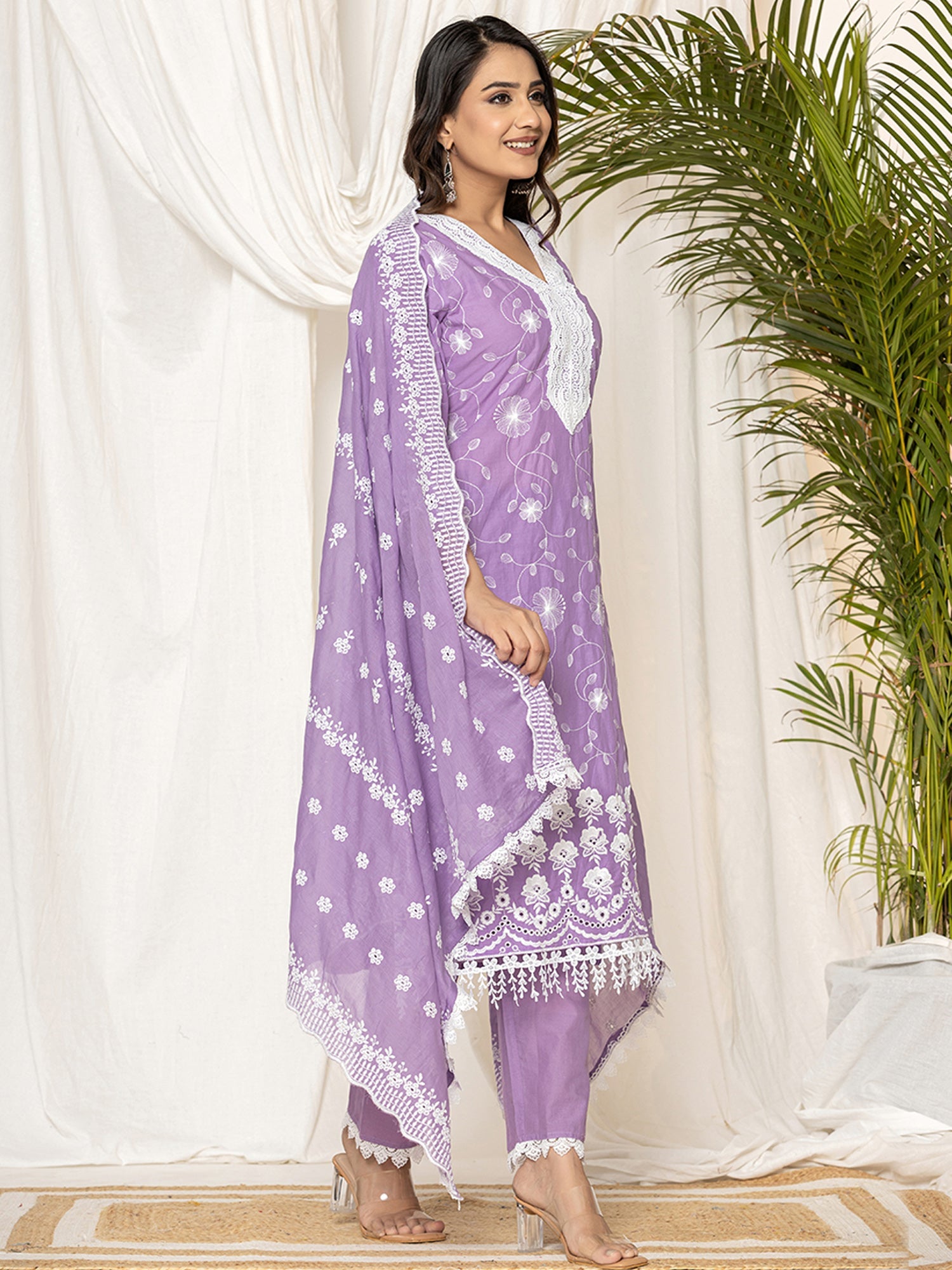 Indo Era Lavender Embroidered Straight Kurta Trousers set