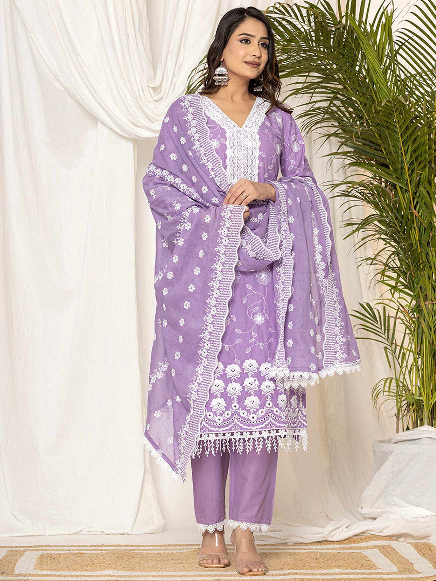 Indo Era Lavender Embroidered Straight Kurta Trousers set