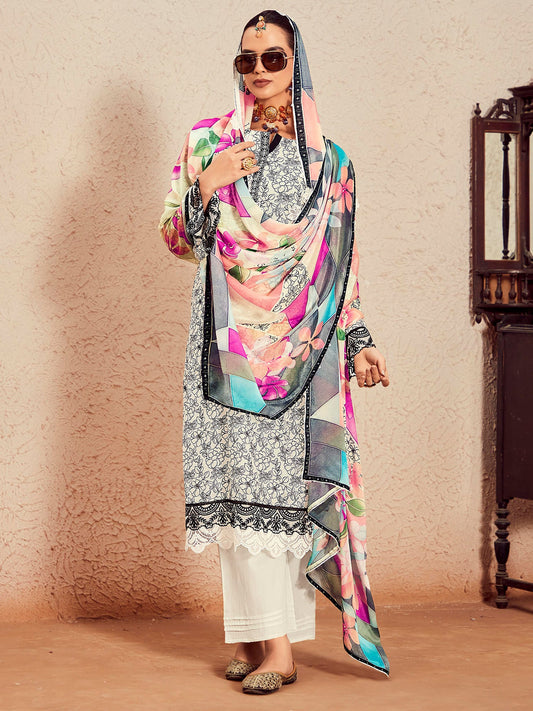 Indo Era Off White Printed Straight Kurta Trousers With Dupatta Set