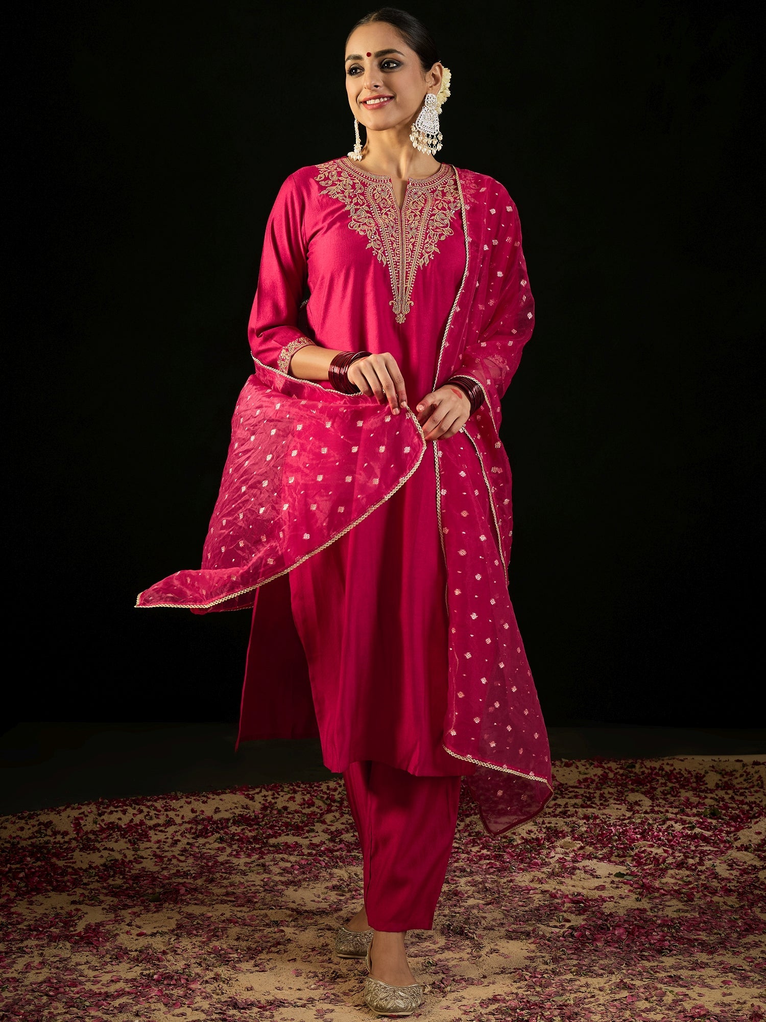 Indo Era Pink Embroidered Straight Kurta Trousers With Dupatta set
