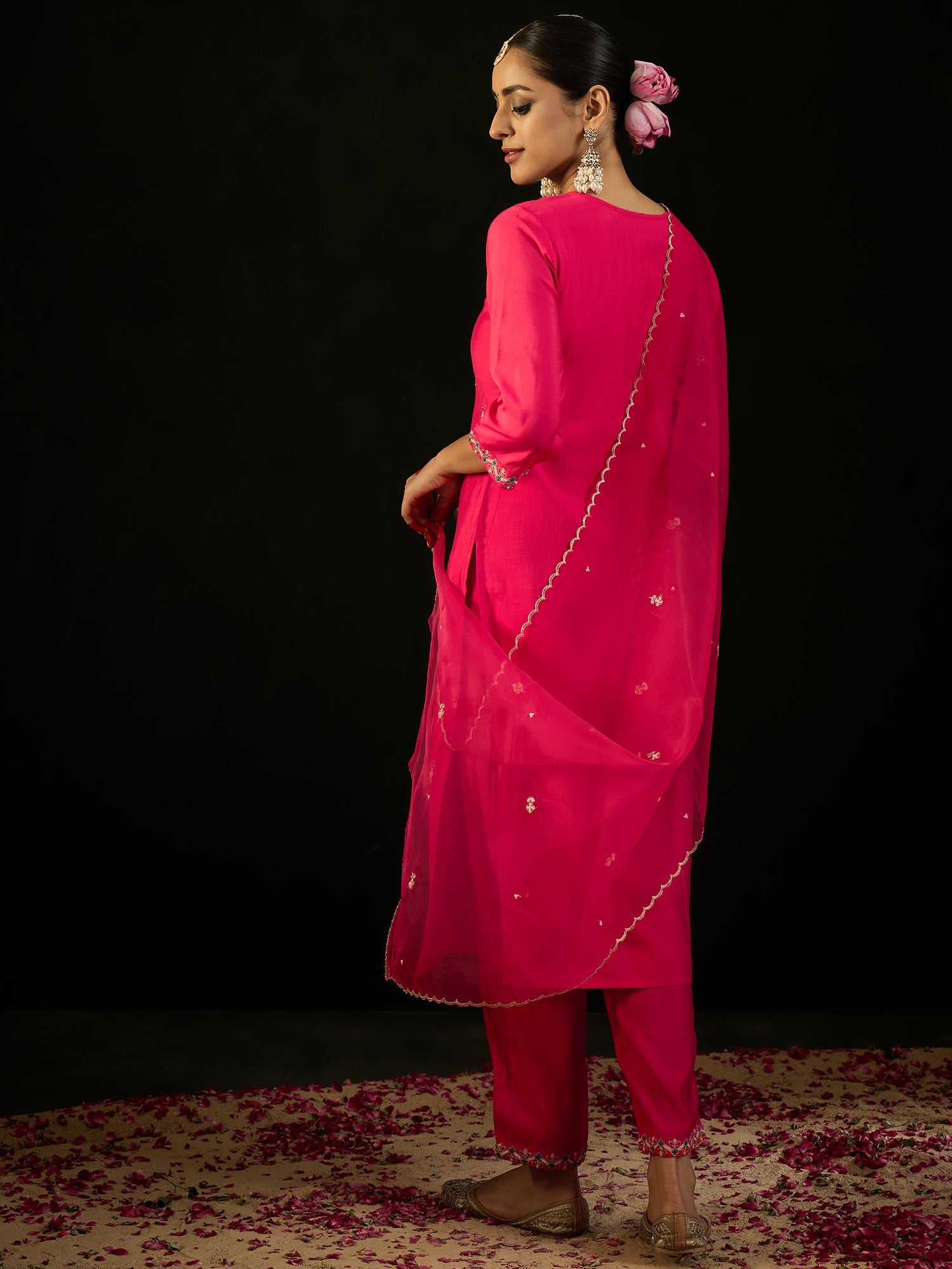 Indo Era Pink Embroidered Straight Kurta Trousers With Dupatta Set