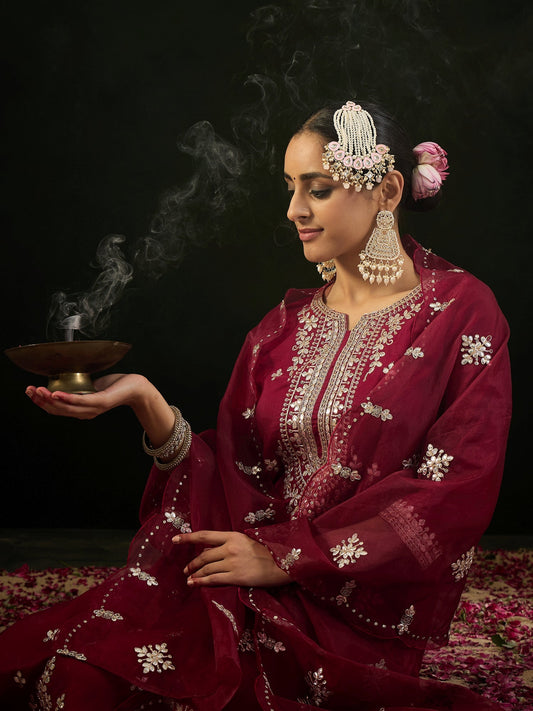 Indo Era Maroon Embroidered Straight Kurta Trousers With Dupatta set