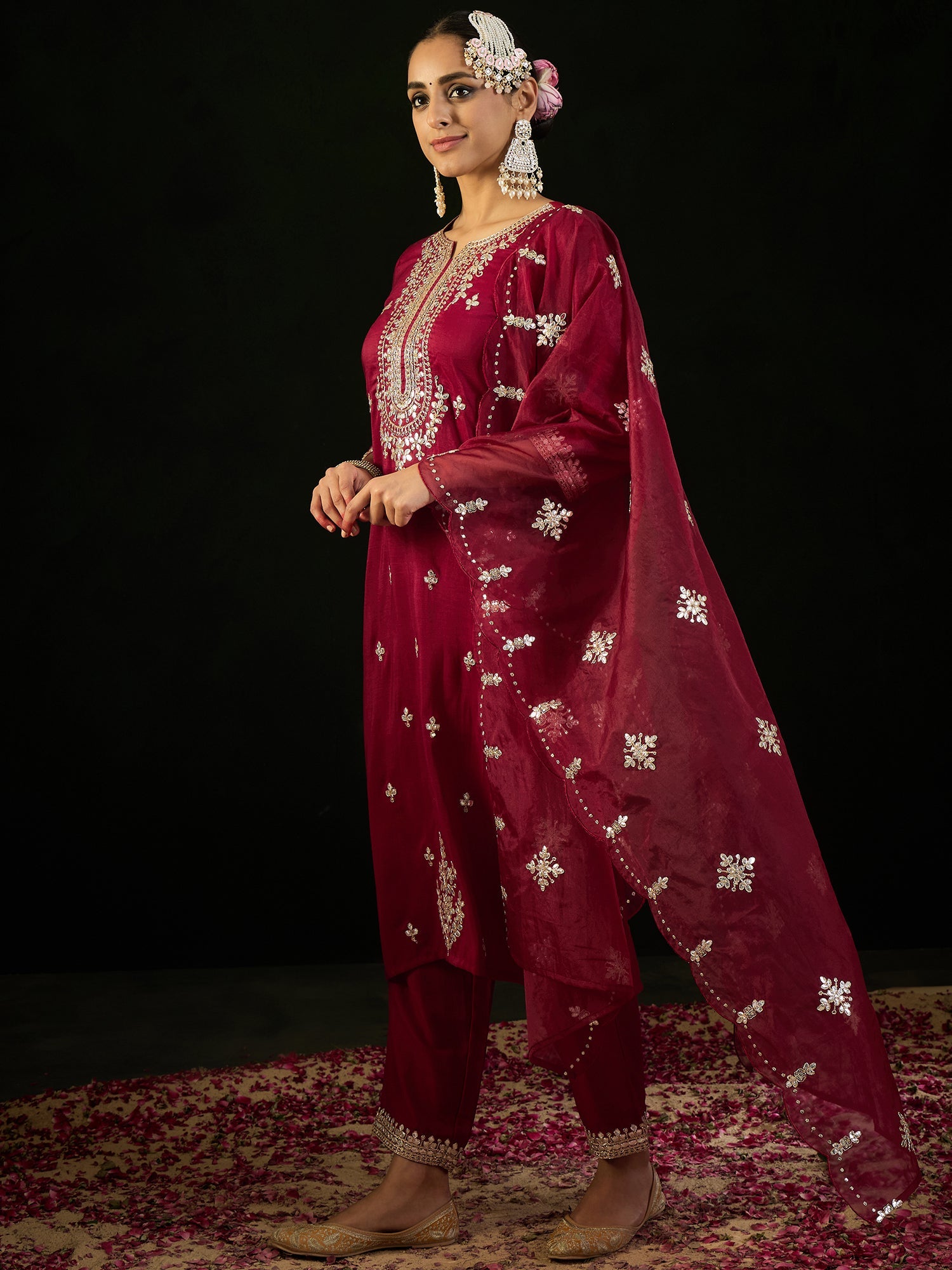 Indo Era Maroon Embroidered Straight Kurta Trousers With Dupatta set
