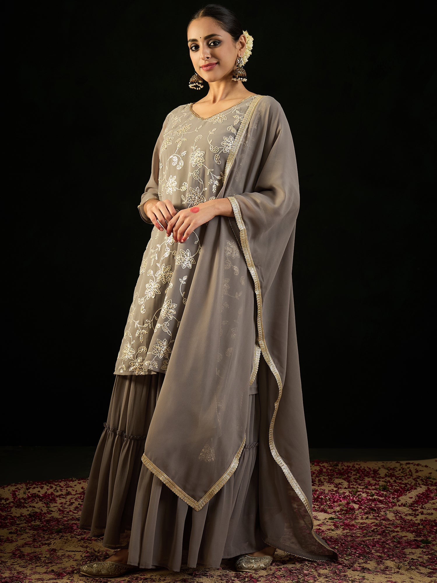 Indo Era Grey Embroidered Straight Kurta Sharara With Dupatta set