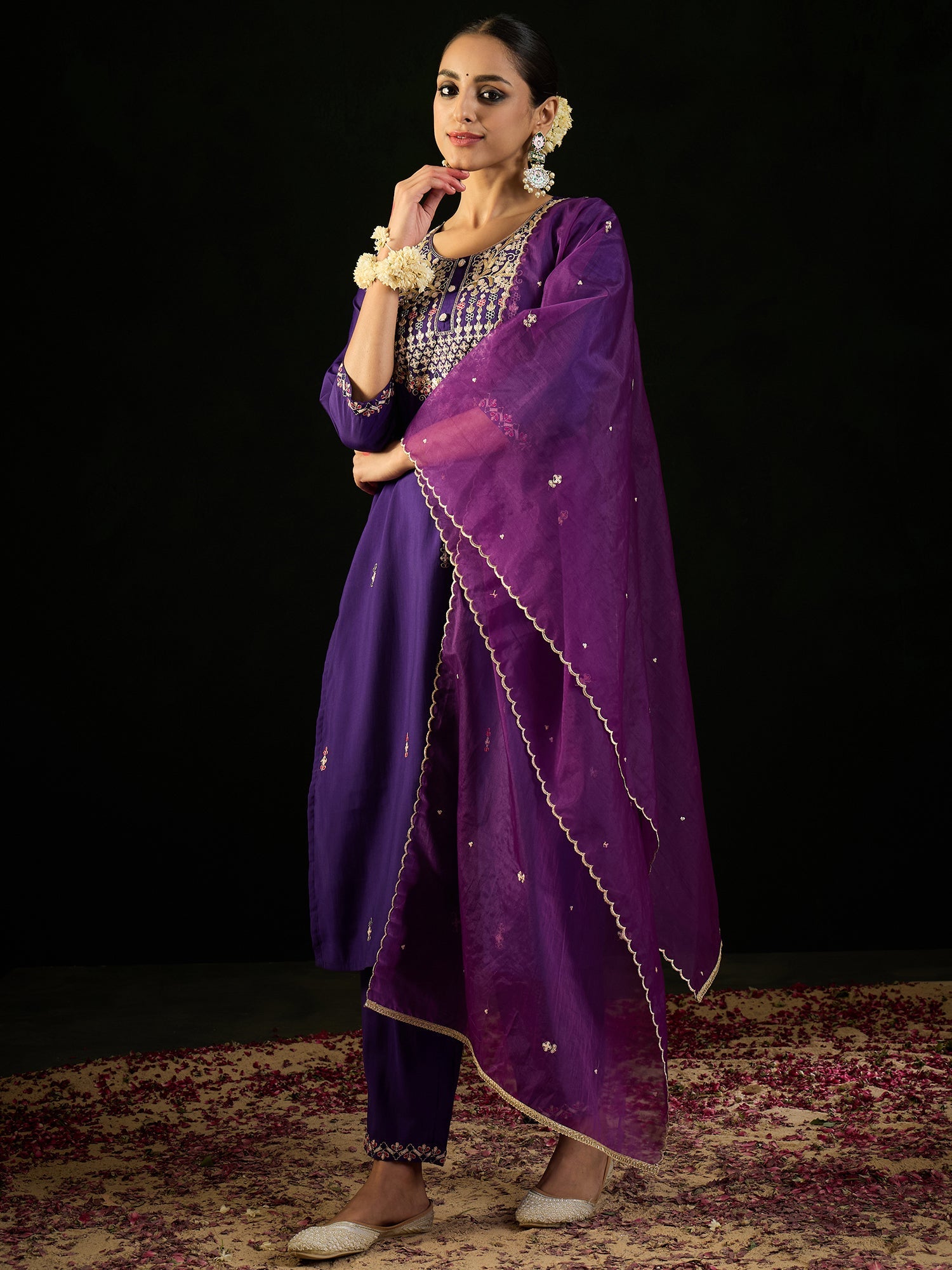 Indo Era Purple Embroidered Straight Kurta Trousers With Dupatta Set