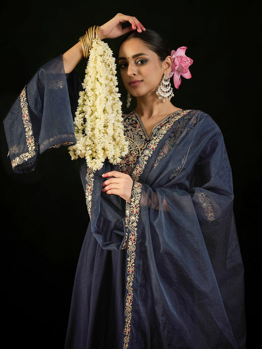 Indo Era Navy Blue Embroidered A-Line Kurta Trousers set
