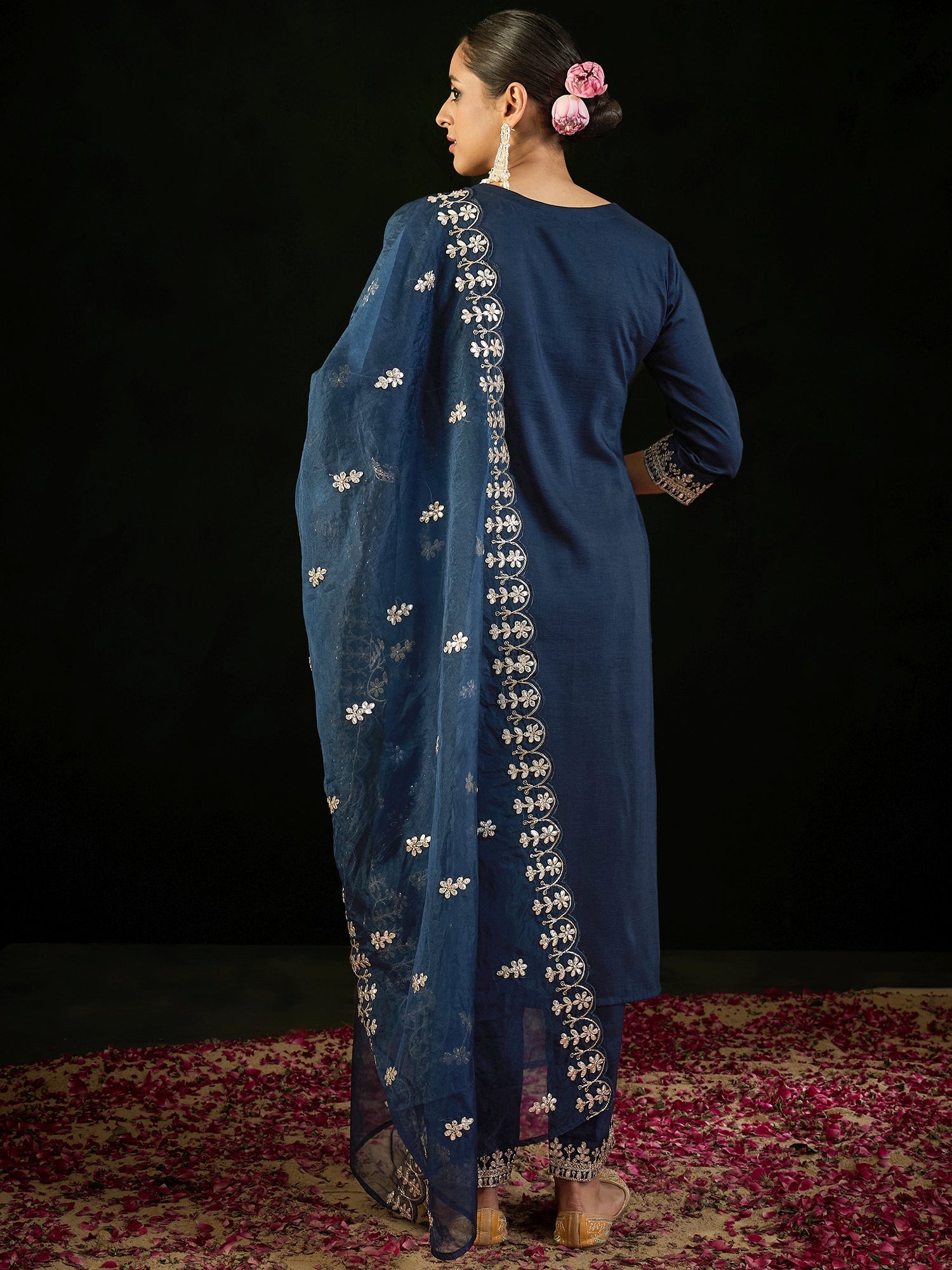Indo Era Navy Blue Embroidered Straight Kurta Trousers With Dupatta set