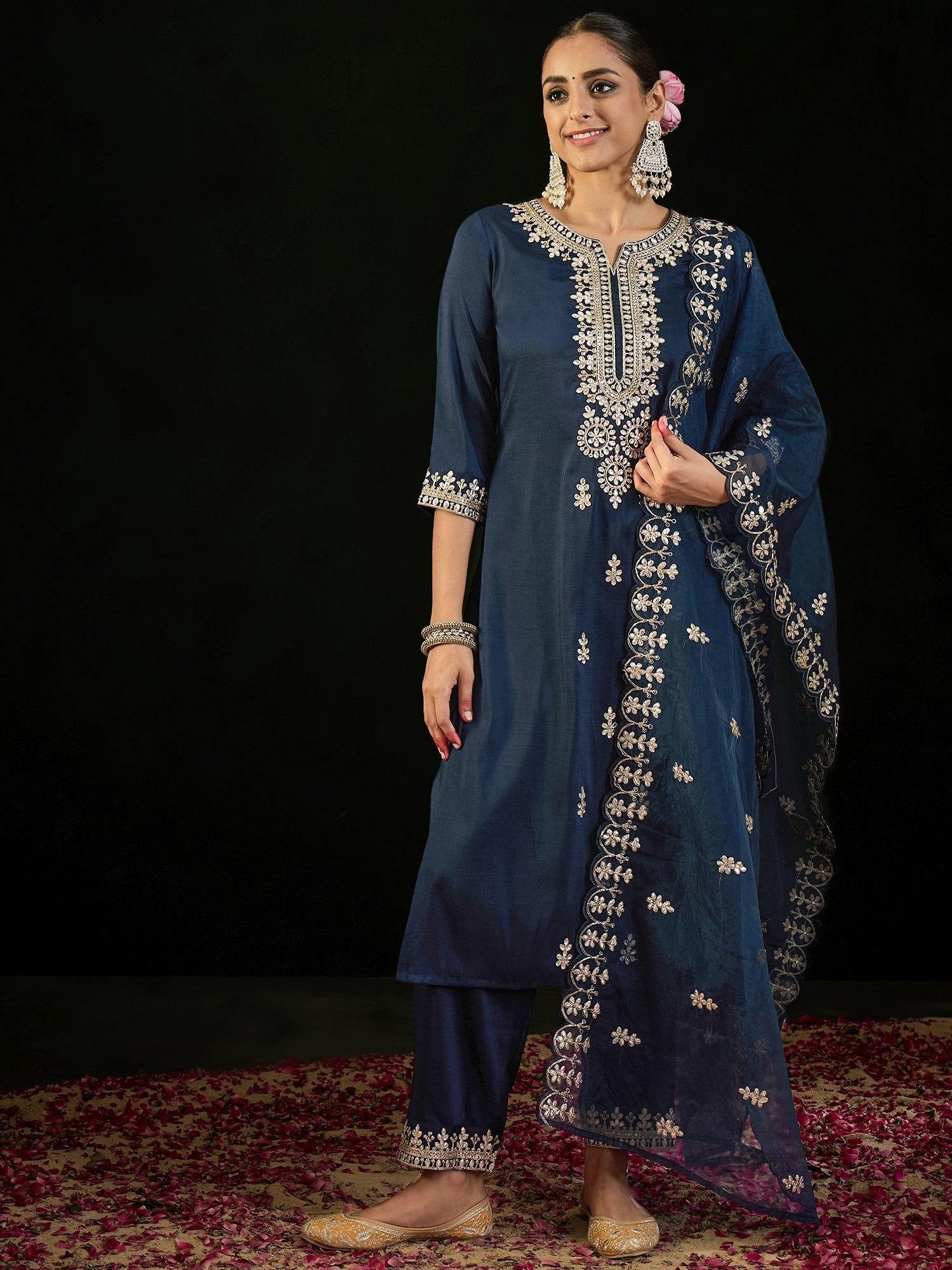 Indo Era Navy Blue Embroidered Straight Kurta Trousers With Dupatta set