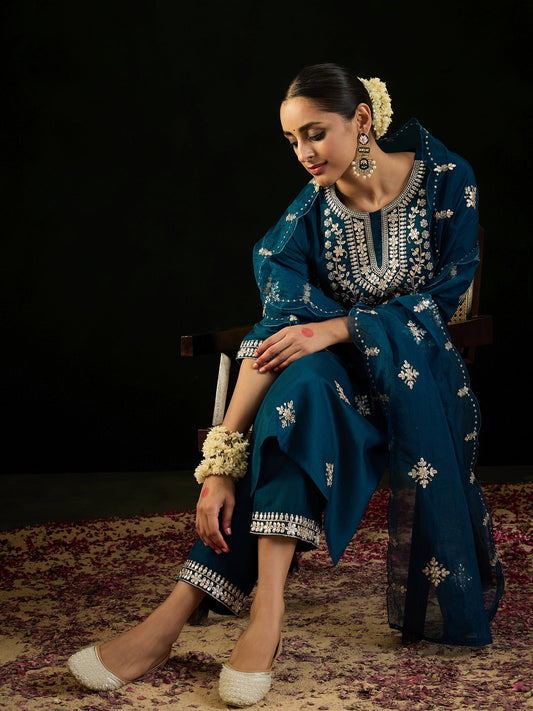 Indo Era Teal Embroidered Straight Kurta Trousers With Dupatta set