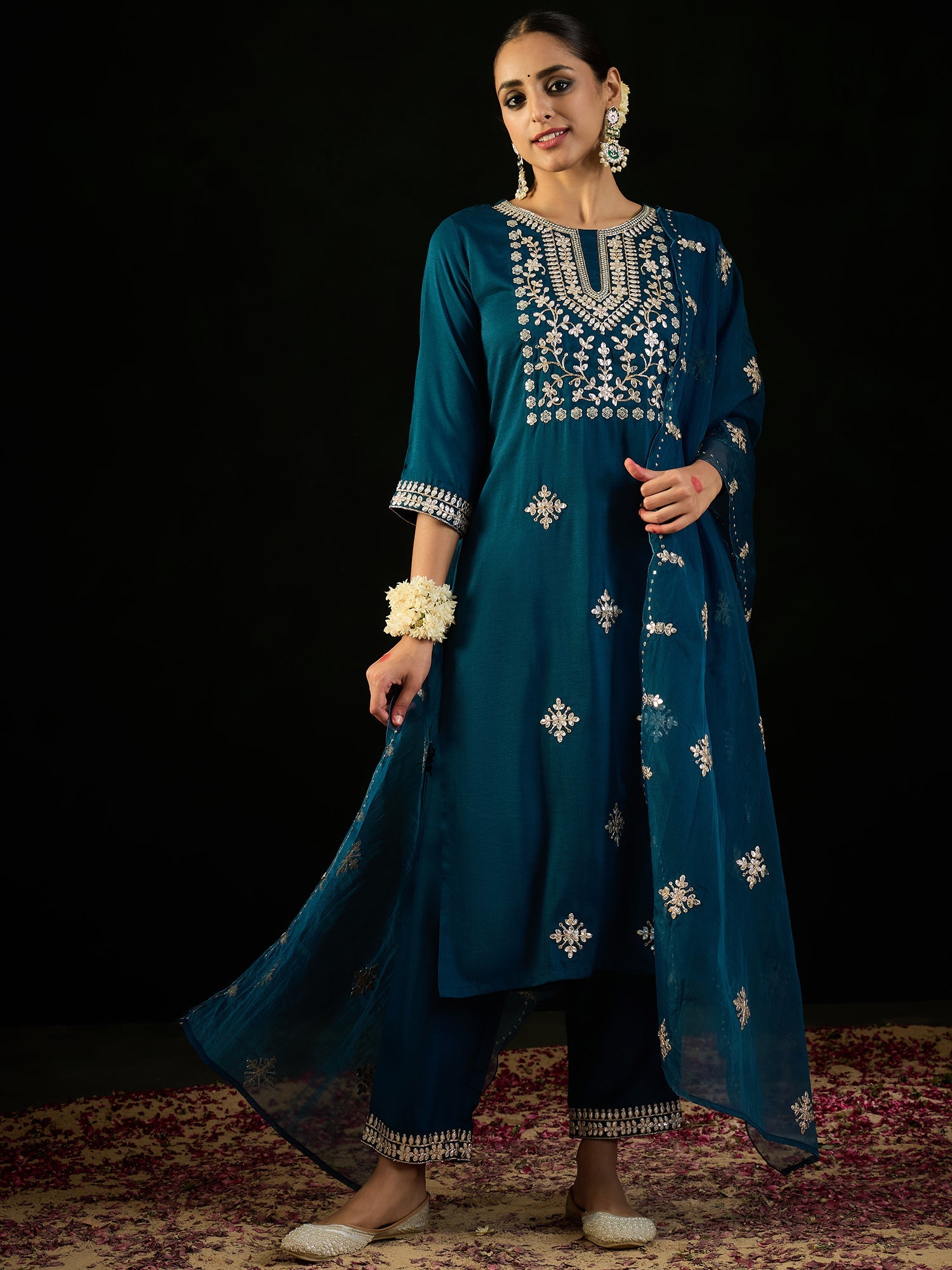 Indo Era Teal Embroidered Straight Kurta Trousers With Dupatta set