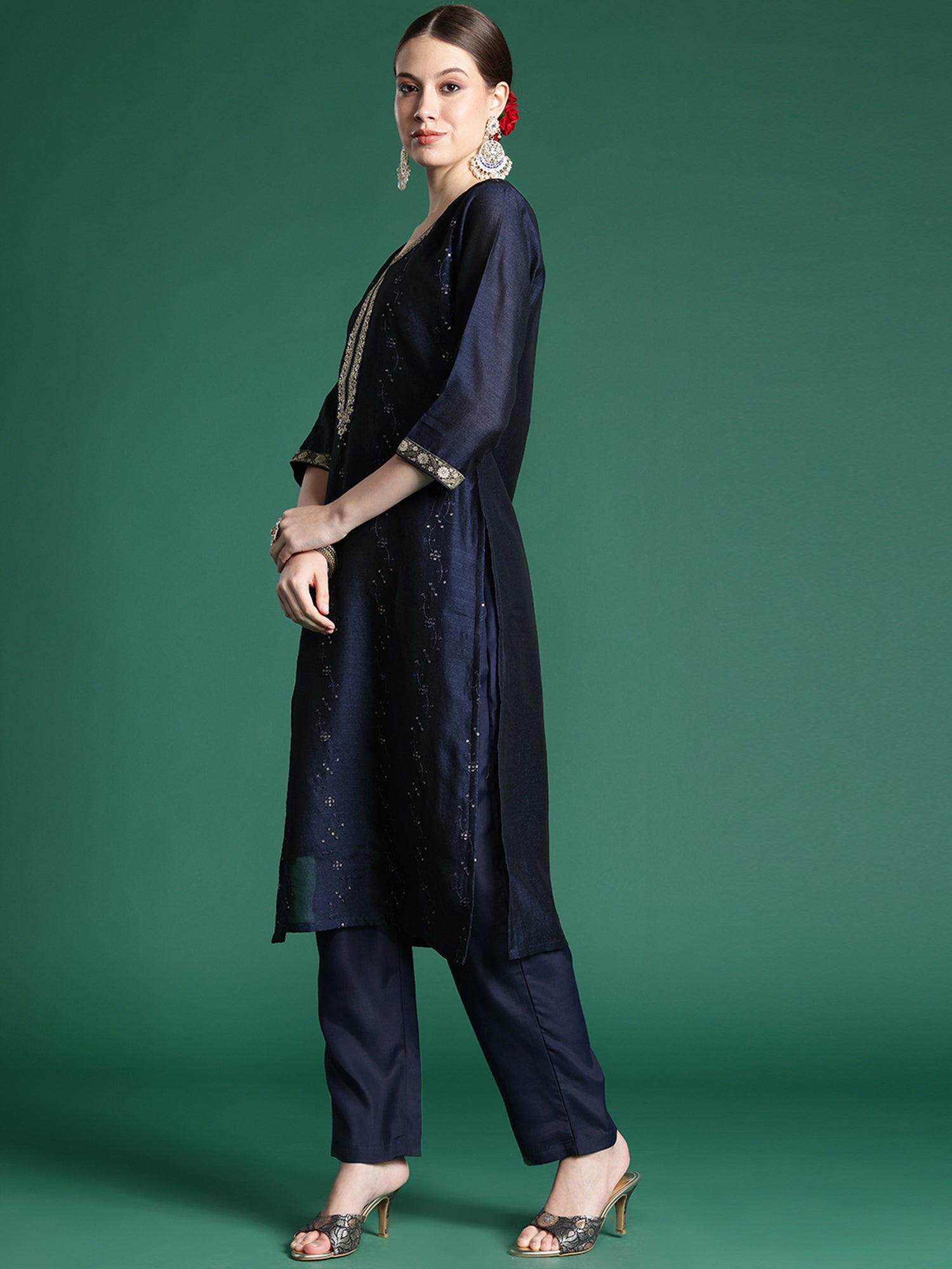 Indo Era Blue Embroidered Straight Kurta Trousers With Dupatta set