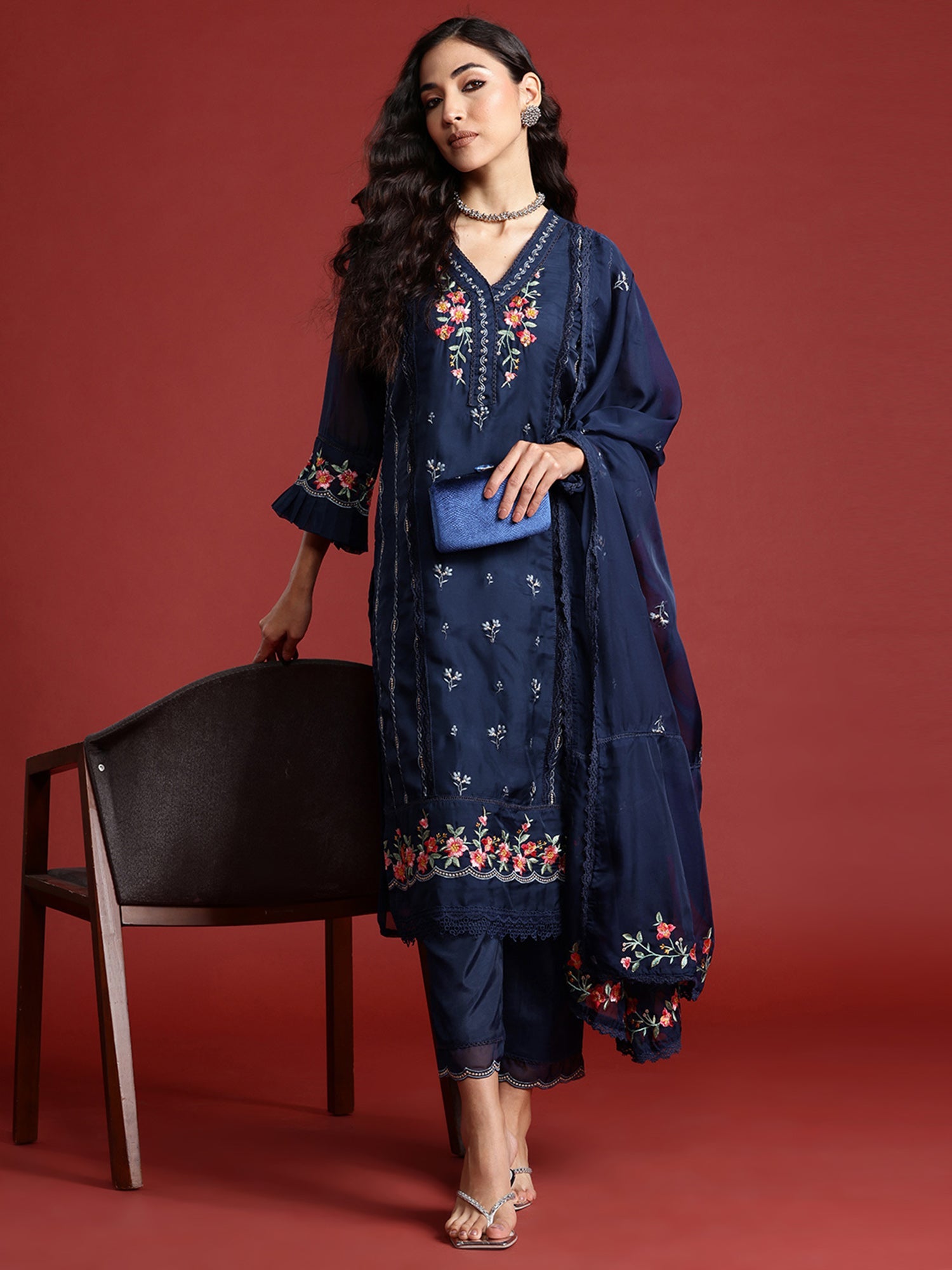 Indo Era Navy Blue Embroidered Straight Kurta Trousers With Dupatta set