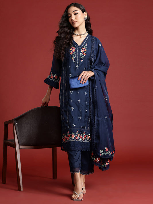 Indo Era Navy Blue Embroidered Straight Kurta Trousers With Dupatta set