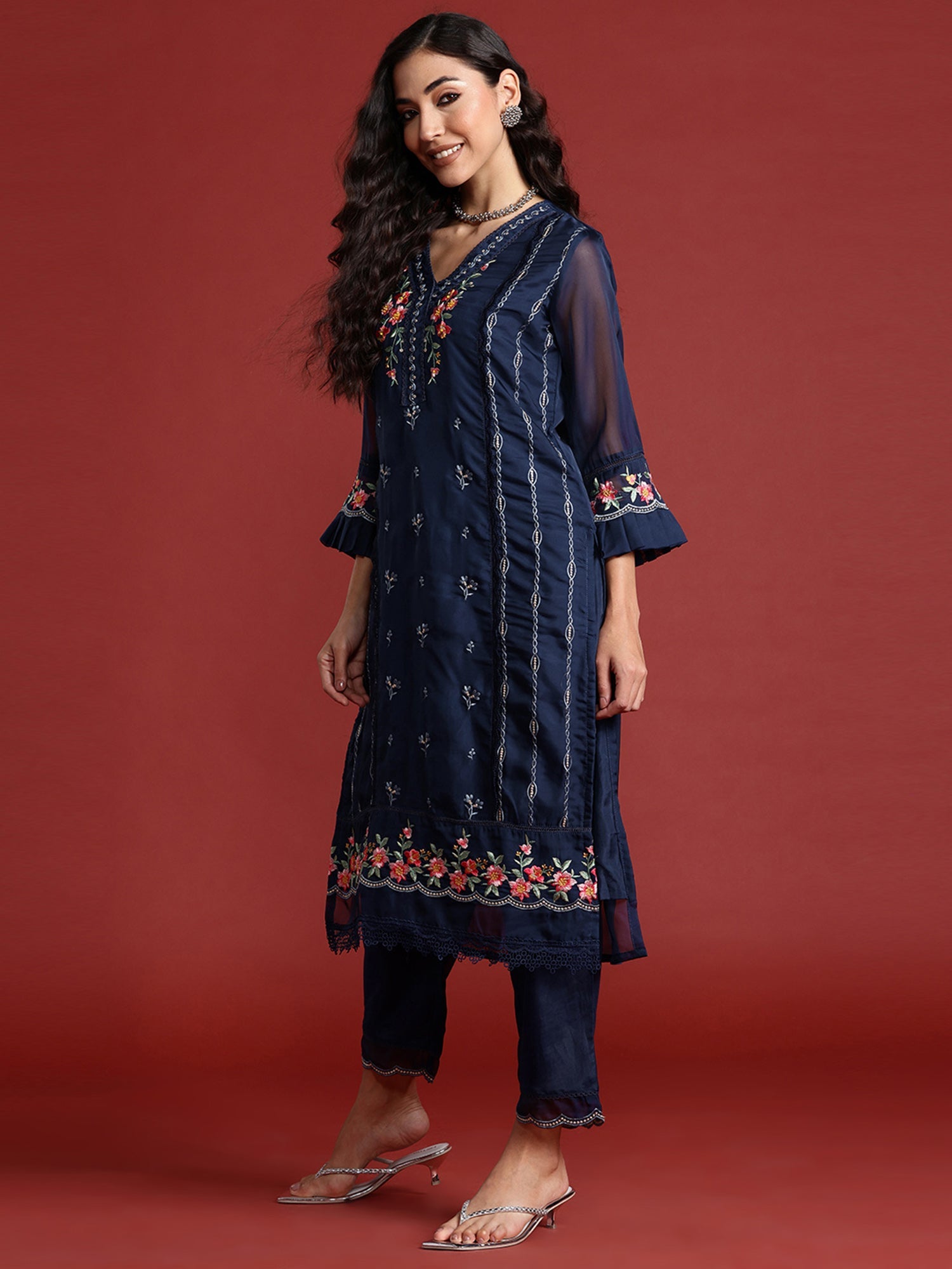 Indo Era Navy Blue Embroidered Straight Kurta Trousers With Dupatta set