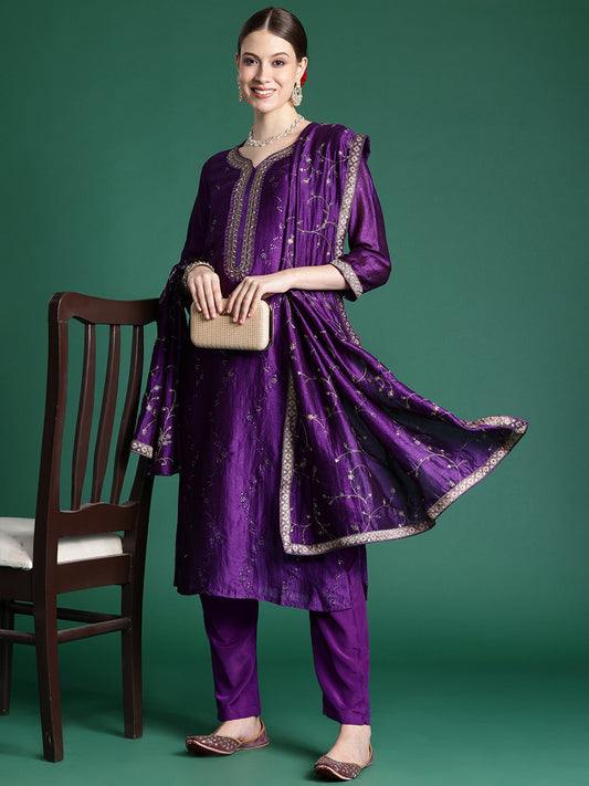 Indo Era Purple Embroidered Straight Kurta Trousers With Dupatta set