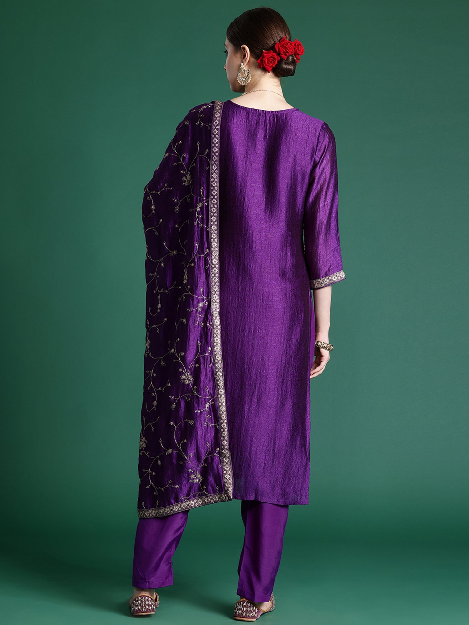 Indo Era Purple Embroidered Straight Kurta Trousers With Dupatta set