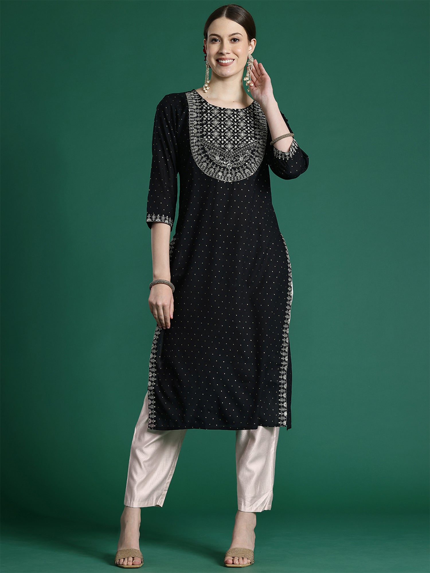 Indo Era Black Embroidered Straight Kurta