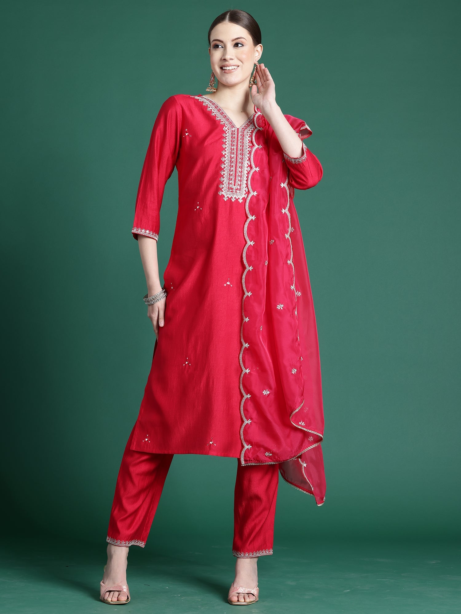 Indo Era Pink Embroidered Straight Kurta Trousers With Dupatta set