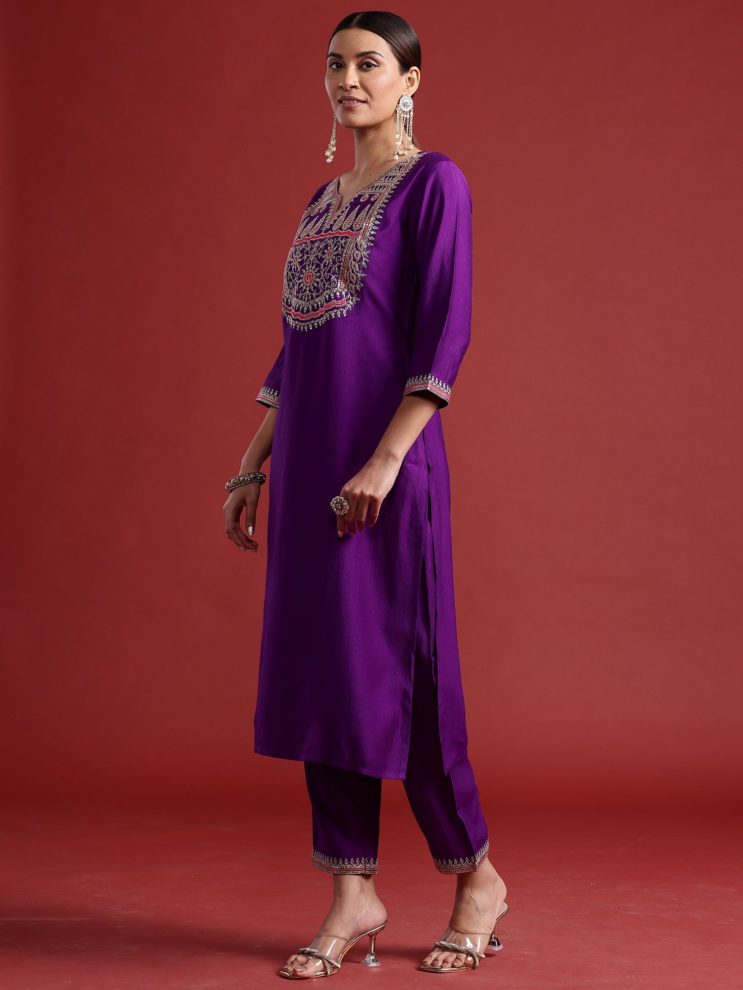 Indo Era Purple Embroidered Straight Kurta Trousers With Dupatta set