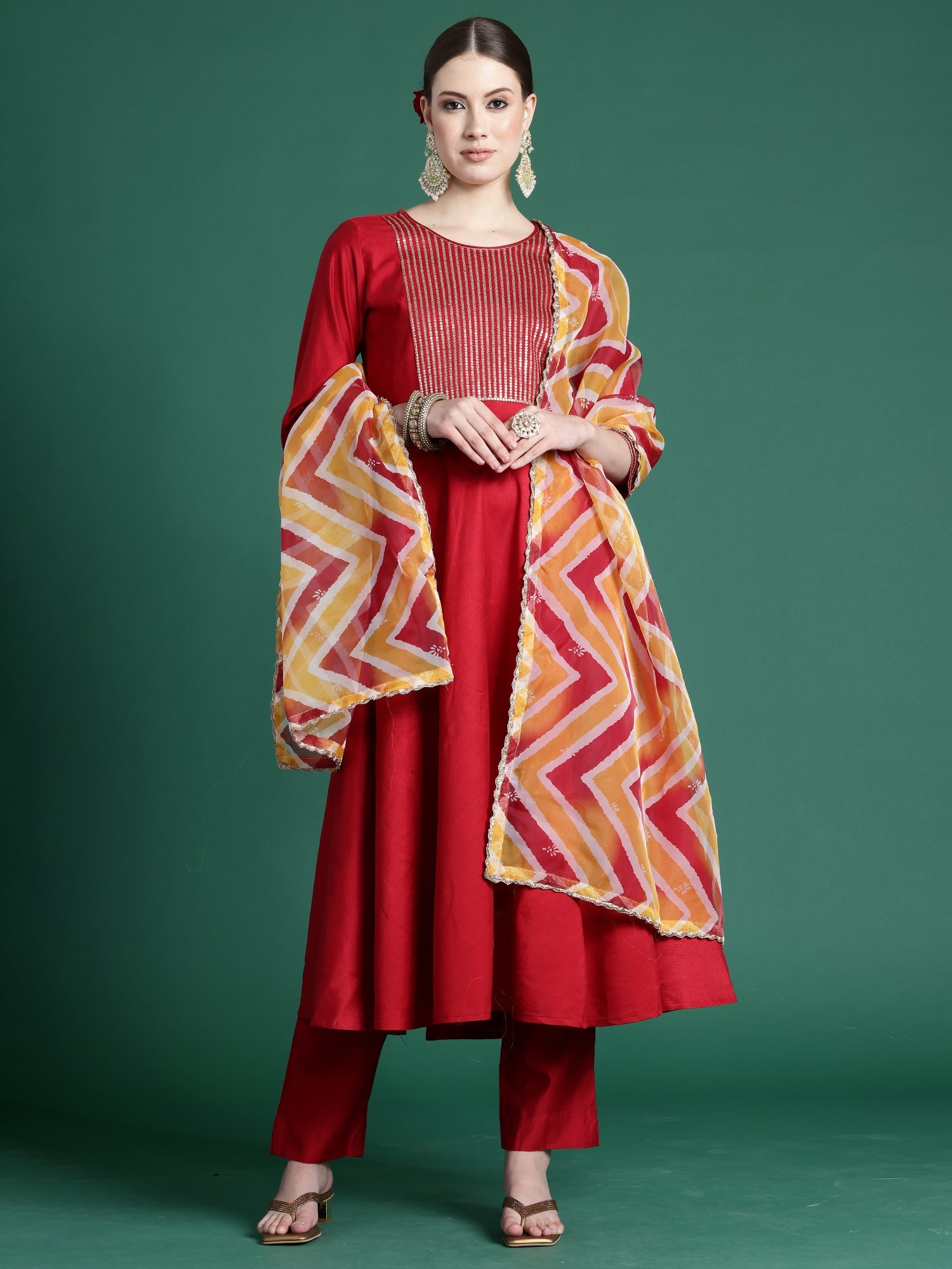 Indo Era Red Embroidered A-Line Kurta Trousers With Dupatta set