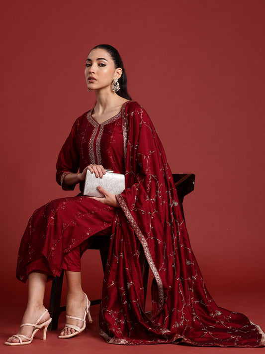 Indo Era Maroon Embroidered Straight Kurta Trousers With Dupatta set
