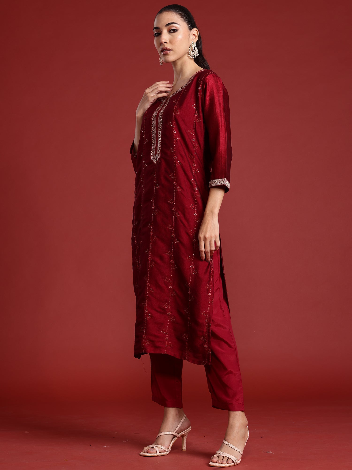 Indo Era Maroon Embroidered Straight Kurta Trousers With Dupatta set