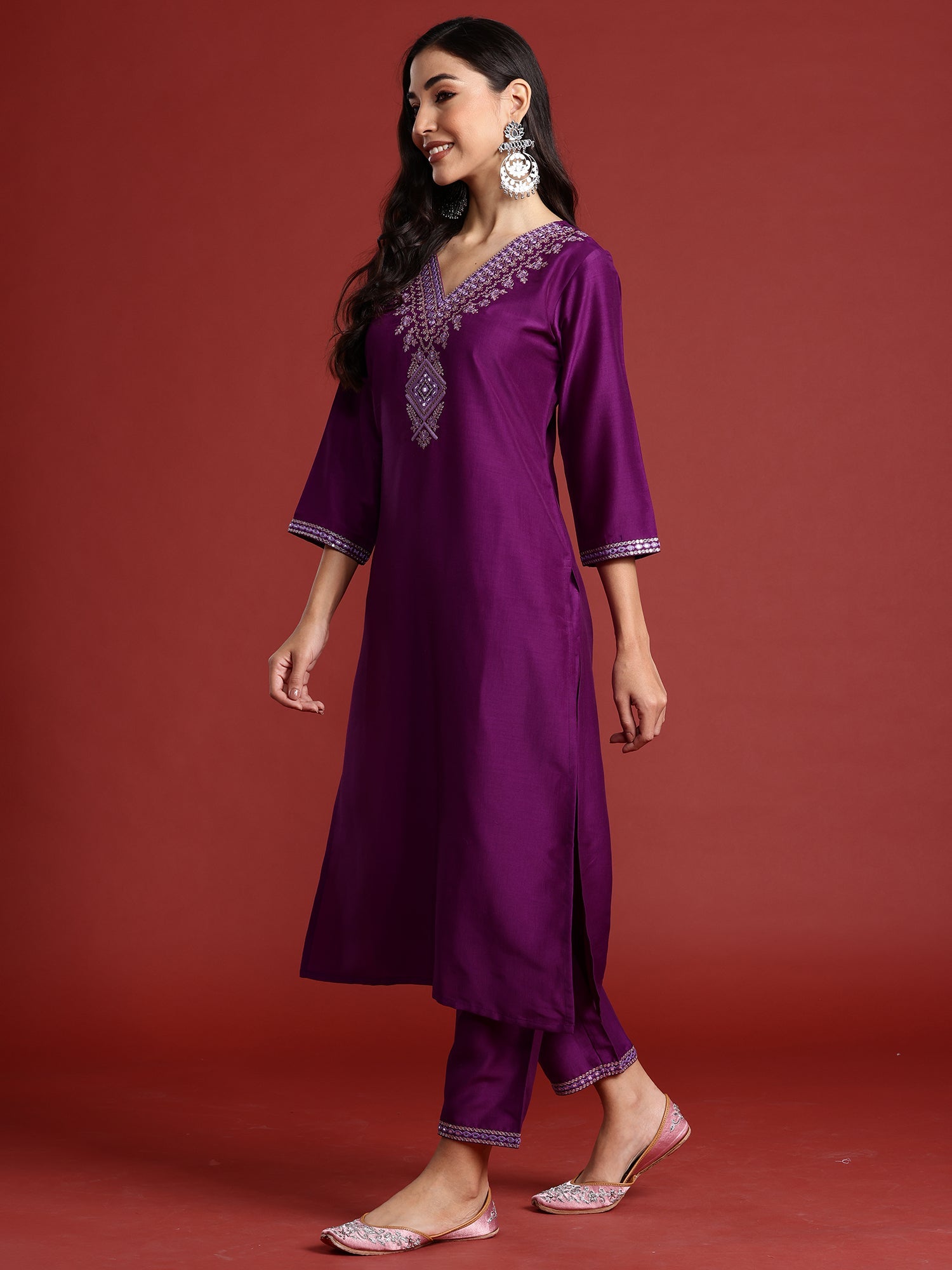 Indo Era Purple Embroidered Straight Kurta Trousers With Dupatta set