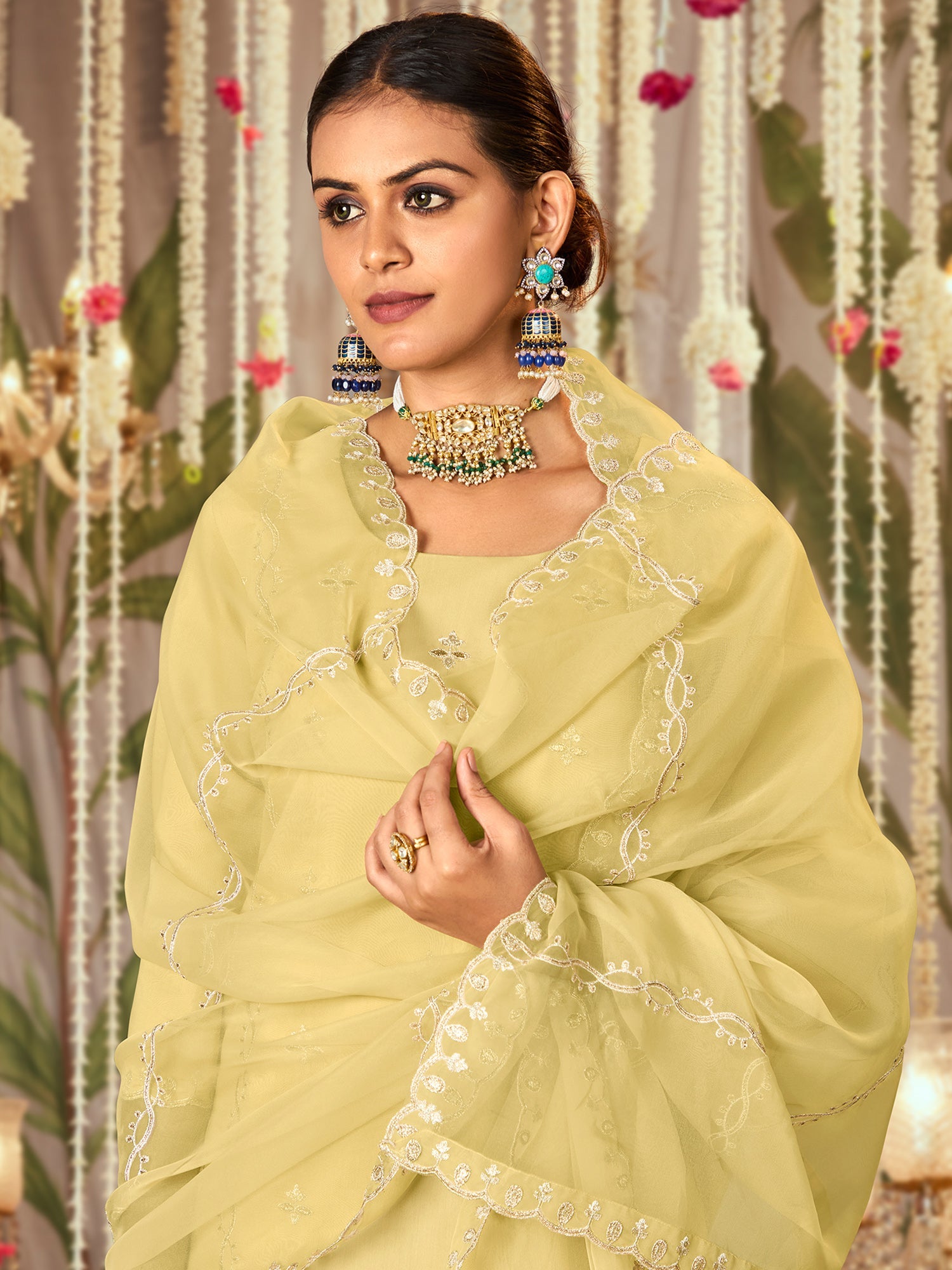 Indo Era Yellow Straight Embroidered Kurta Trousers With Dupatta Set