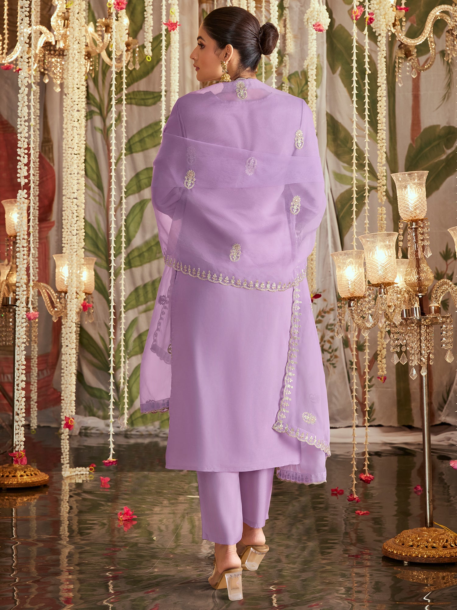 Indo Era Lavender Straight Embroidered Kurta Trousers With Dupatta Set
