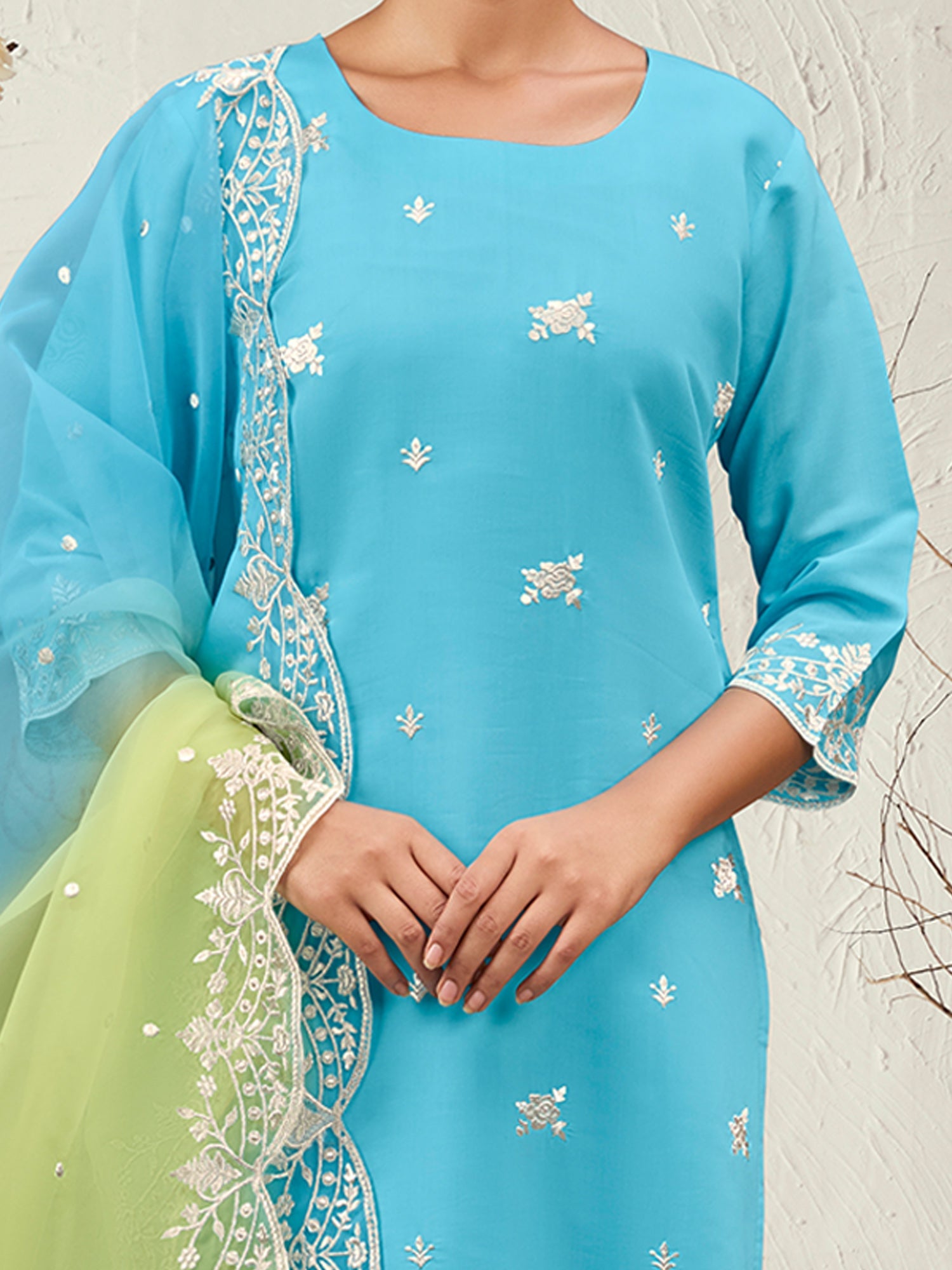 Indo Era Blue Straight Embroidered Kurta Trousers With Dupatta Set
