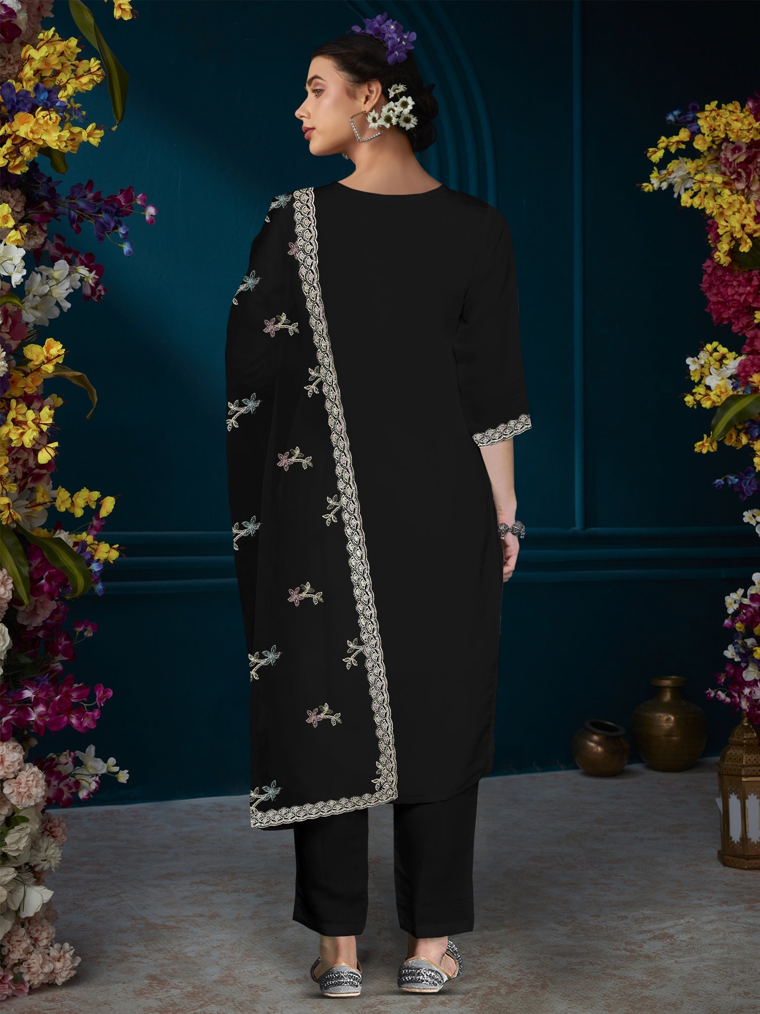 Indo Era Black Straight Embroidered Kurta Trousers With Dupatta Set