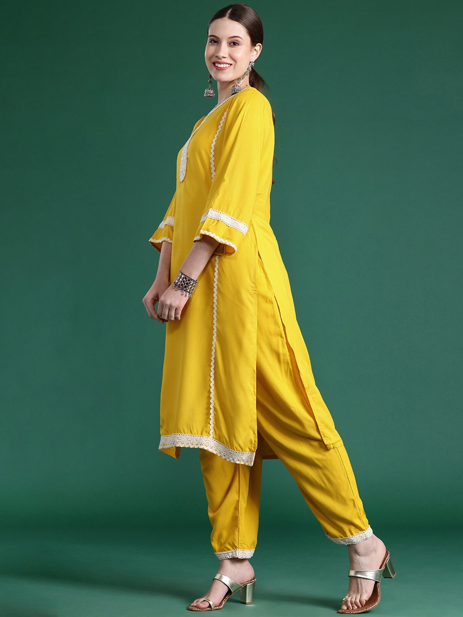 Indo Era Yellow Embroidered Straight Kurta Trousers With Dupatta set