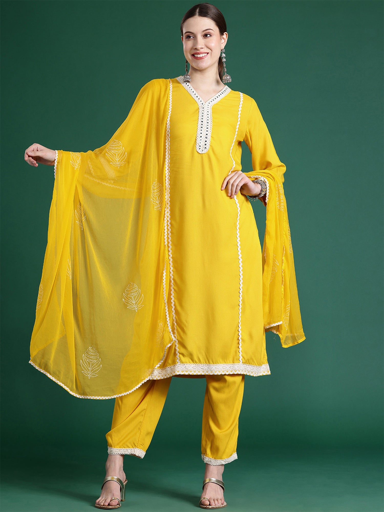 Indo Era Yellow Embroidered Straight Kurta Trousers With Dupatta set