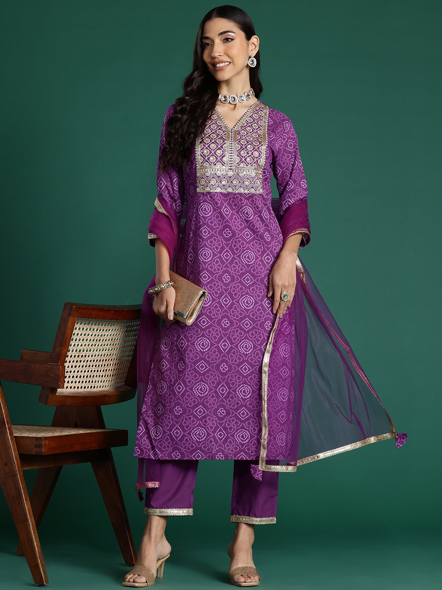 Indo Era Purple Embroidered Straight Kurta Trousers With Dupatta set