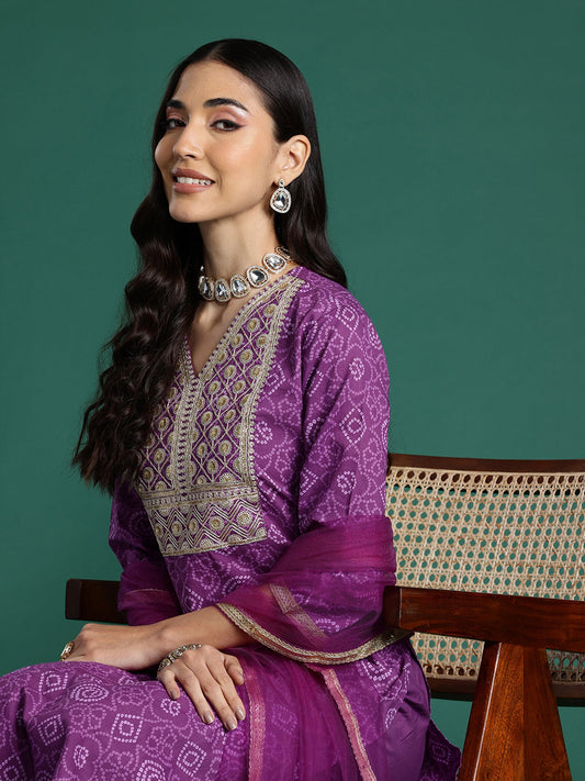 Indo Era Purple Embroidered Straight Kurta Trousers With Dupatta set