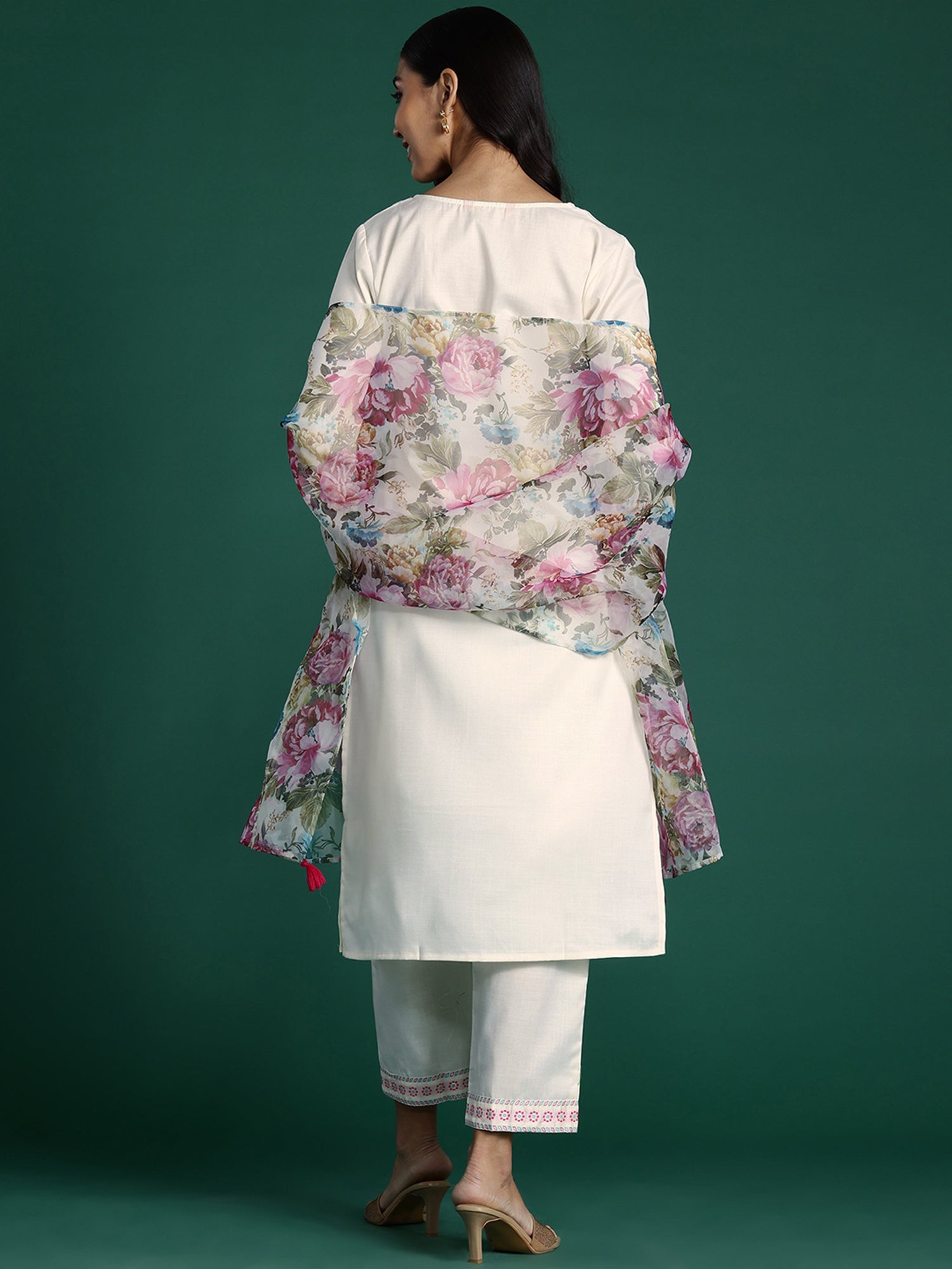 Indo Era White Yoke Design Straight Kurta Trousers With Dupatta set