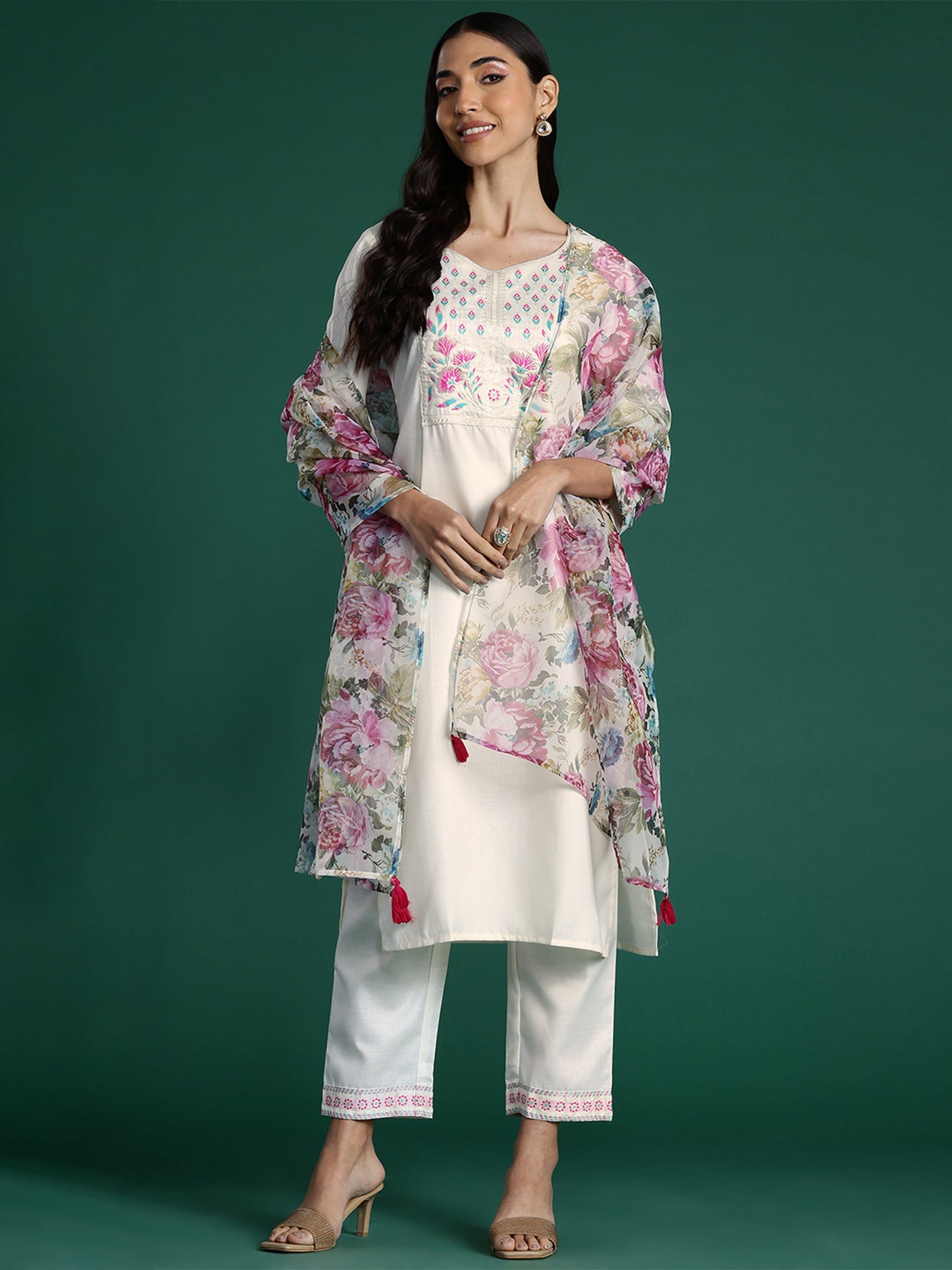 Indo Era White Yoke Design Straight Kurta Trousers With Dupatta set
