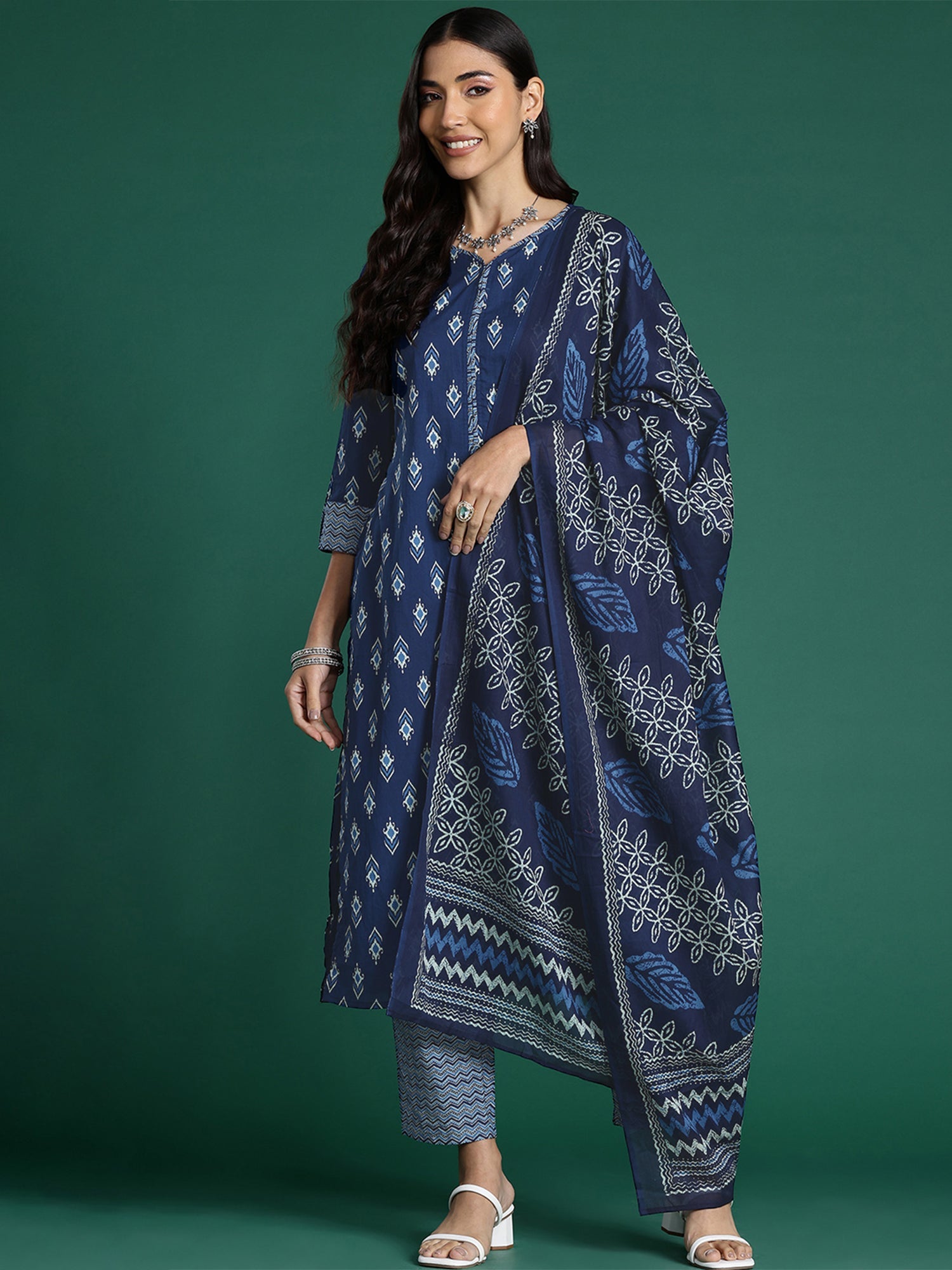 Indo Era Blue Printed Straight Kurta Trousers With Dupatta set